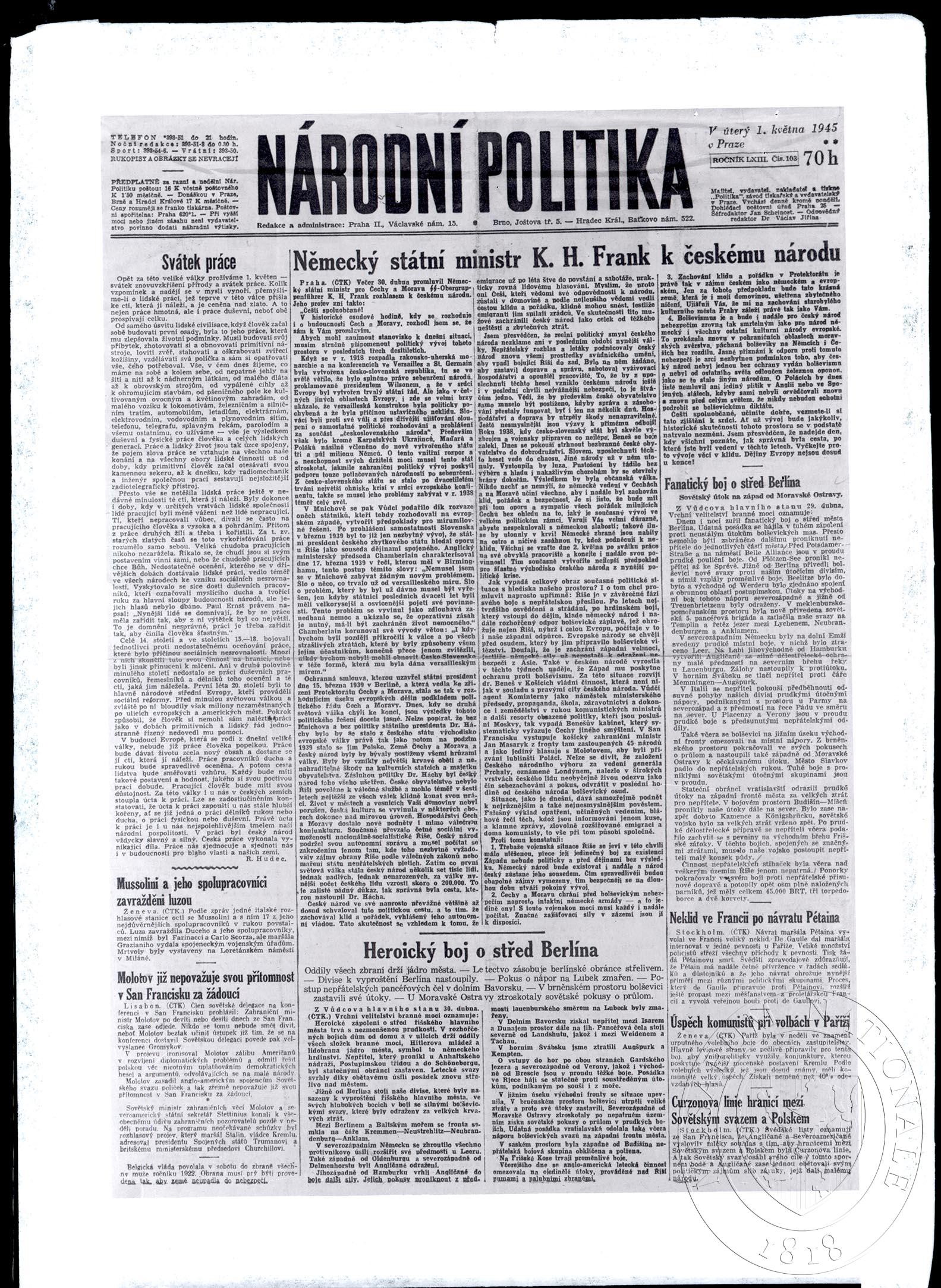 Obrázek Periodikum Národní politika, roč. LXIII, čís. 103, titulní strana.
