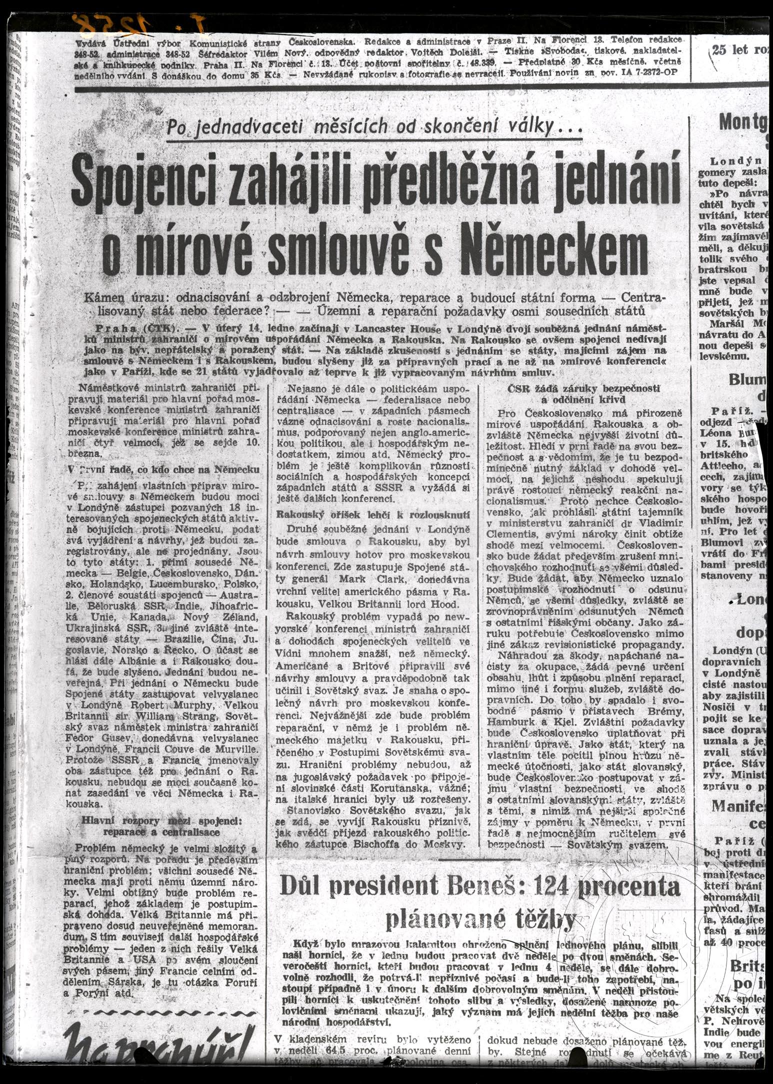 Obrázek Spojenci zahájili předběžná jednání o mírové smlouvě s Německem, RP 14. 1. 1947