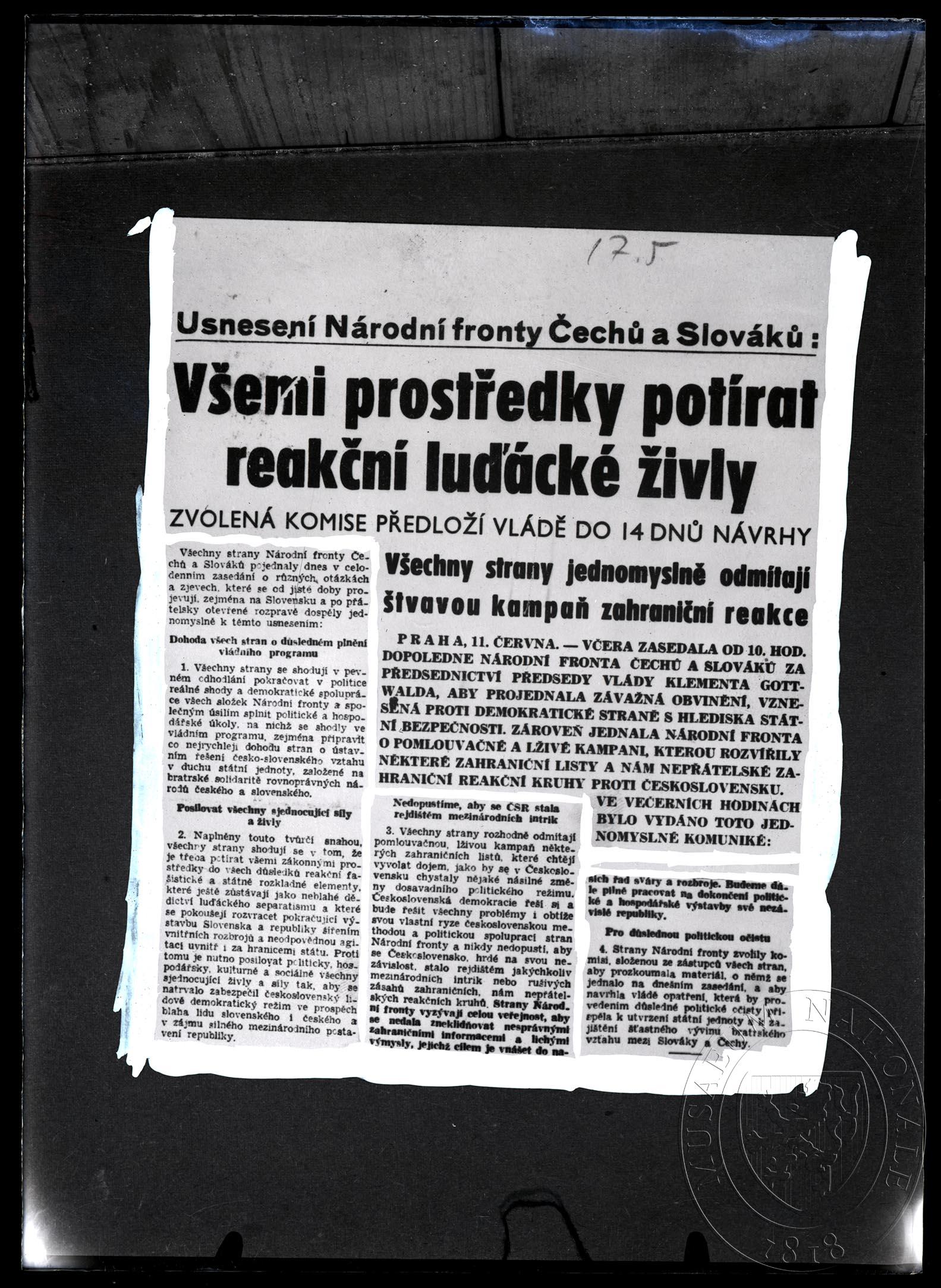 Obrázek RP 12. 6. 1947, Všemi prostředky potírat reakční luďácké živly