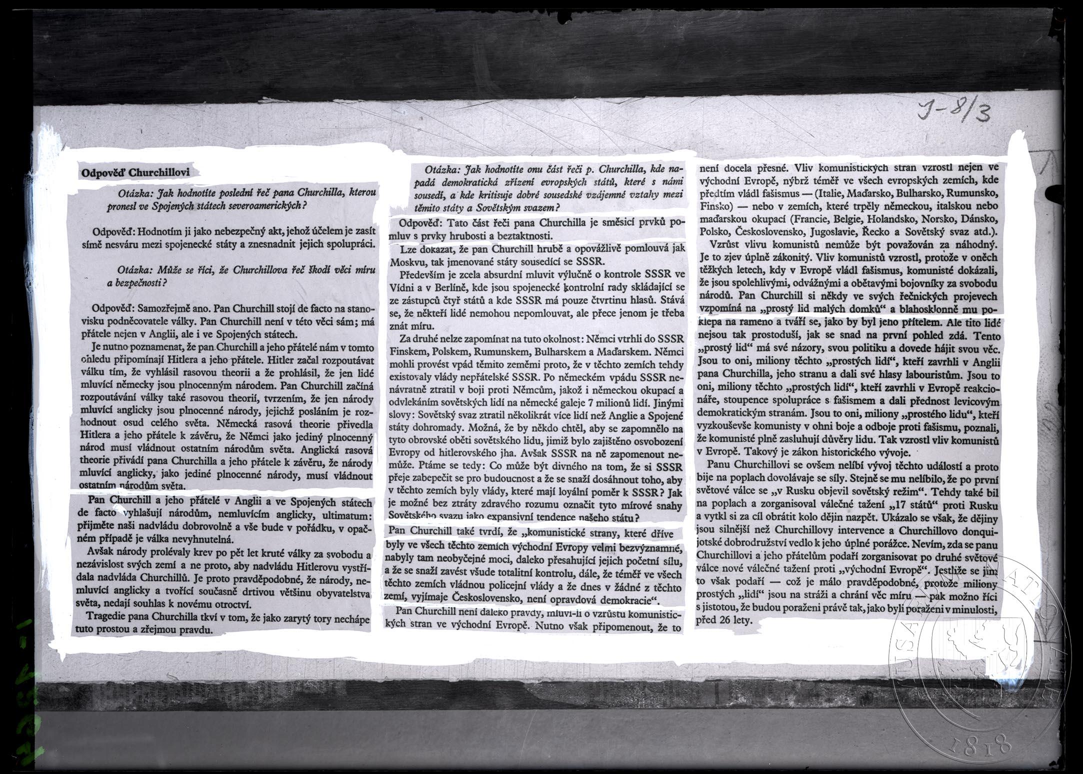 Náhledový obrázek Text Odpověď Churchillovi. Odpověď Josefa V. Stalina Winstonu Churchillovi. Výstřižky. - 1