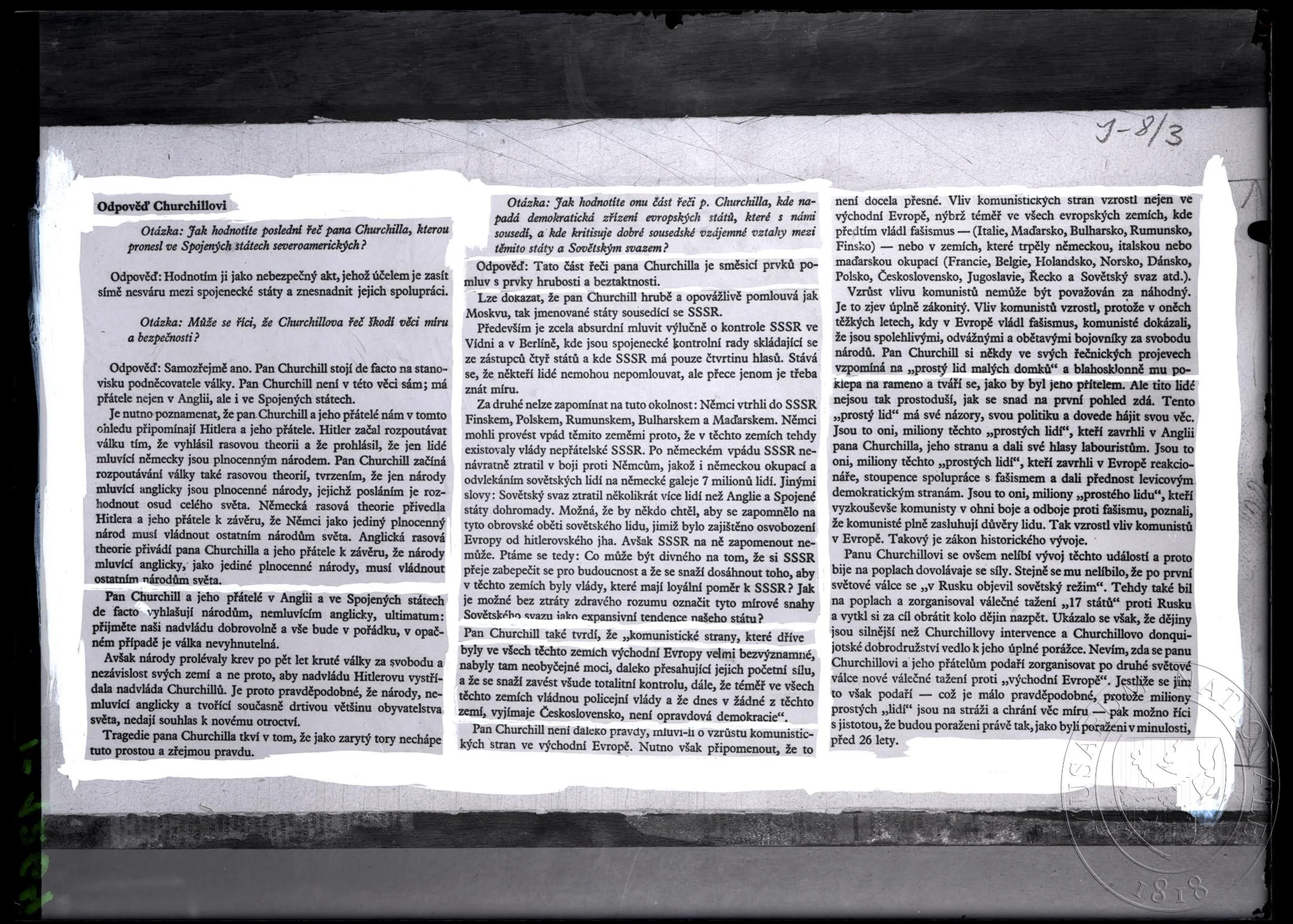 Obrázek Text Odpověď Churchillovi. Odpověď Josefa V. Stalina Winstonu Churchillovi. Výstřižky.
