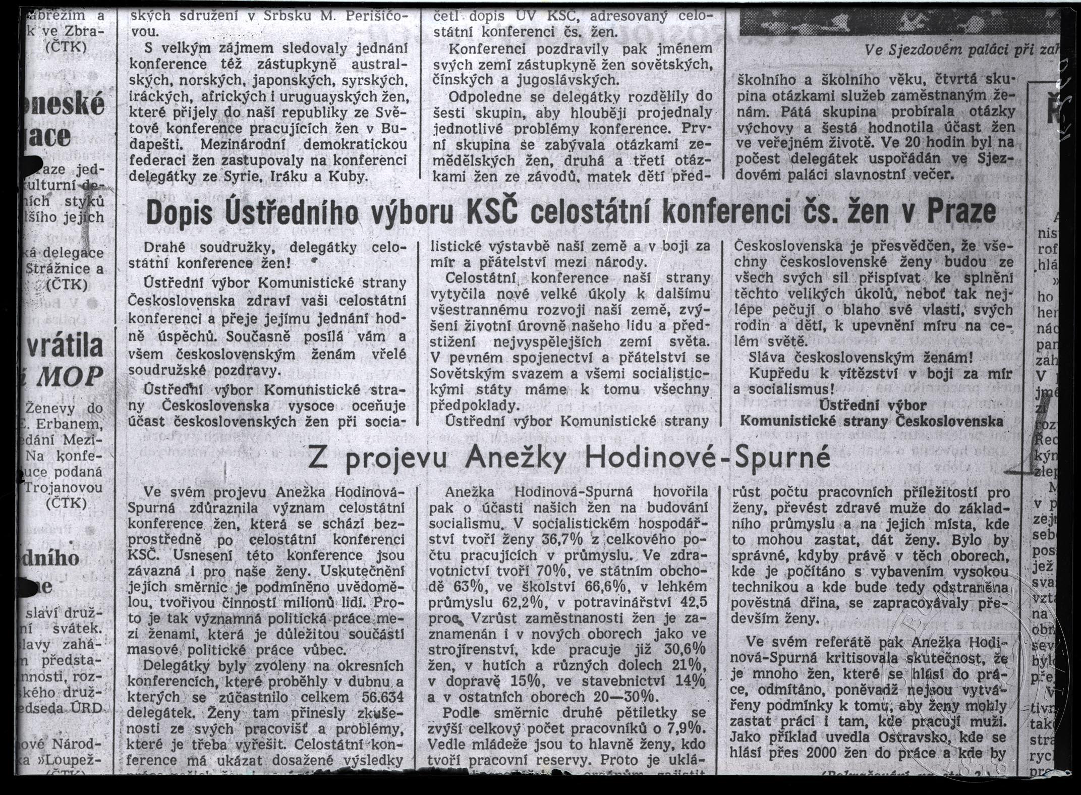Náhledový obrázek Článek Dopis Ústředního výboru KSČ celostátní konferenci čs. žen v Praze. - 1