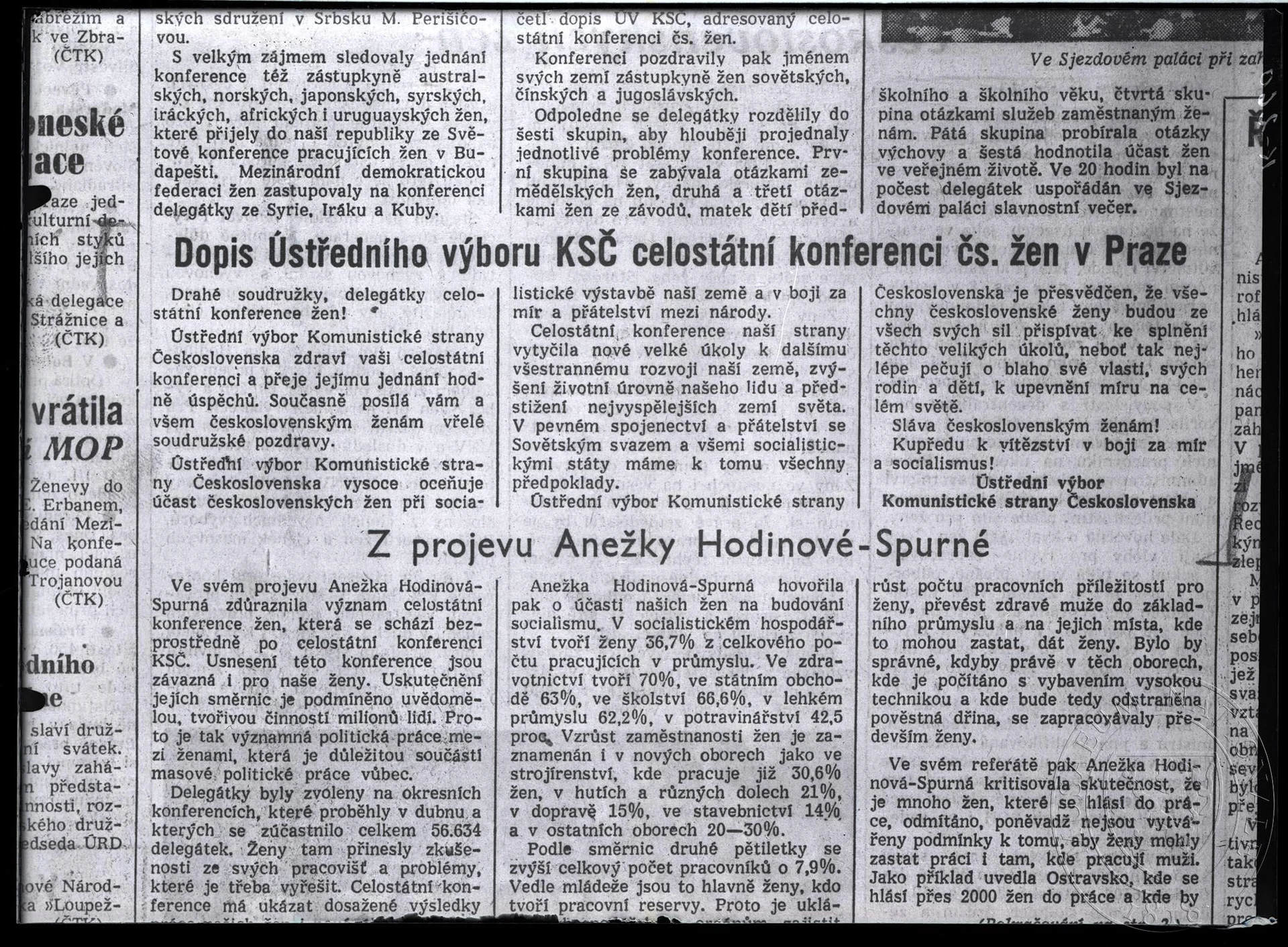 Obrázek Článek Dopis Ústředního výboru KSČ celostátní konferenci čs. žen v Praze.