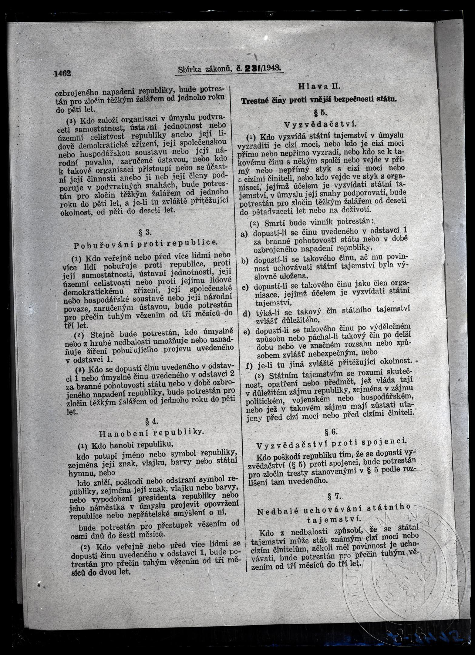 Náhledový obrázek Sbírka zákonů a nařízení republiky Československé, částka 85, 16. 10. 1948, str. 1462, první strana dokumentu. Zákon na ochranu lidově demokratické republiky. - 1