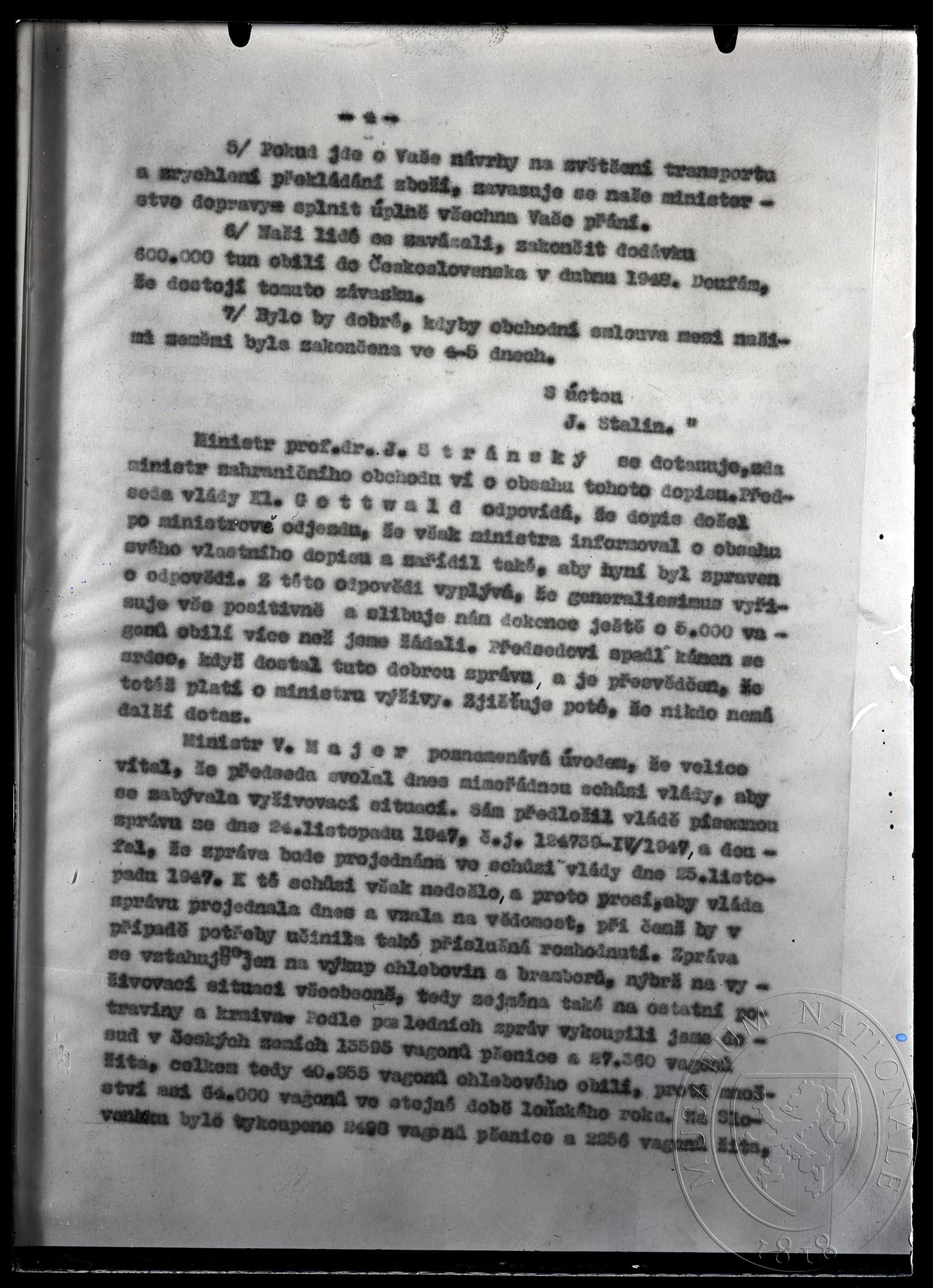 Obrázek Zápis 116. (mimořádné) schůze třetí vlády, konané v pondělí 1. prosince 1947 o 15. hodině odpolední v úřadě předsednictva vlády, str. 4. Strojopis.