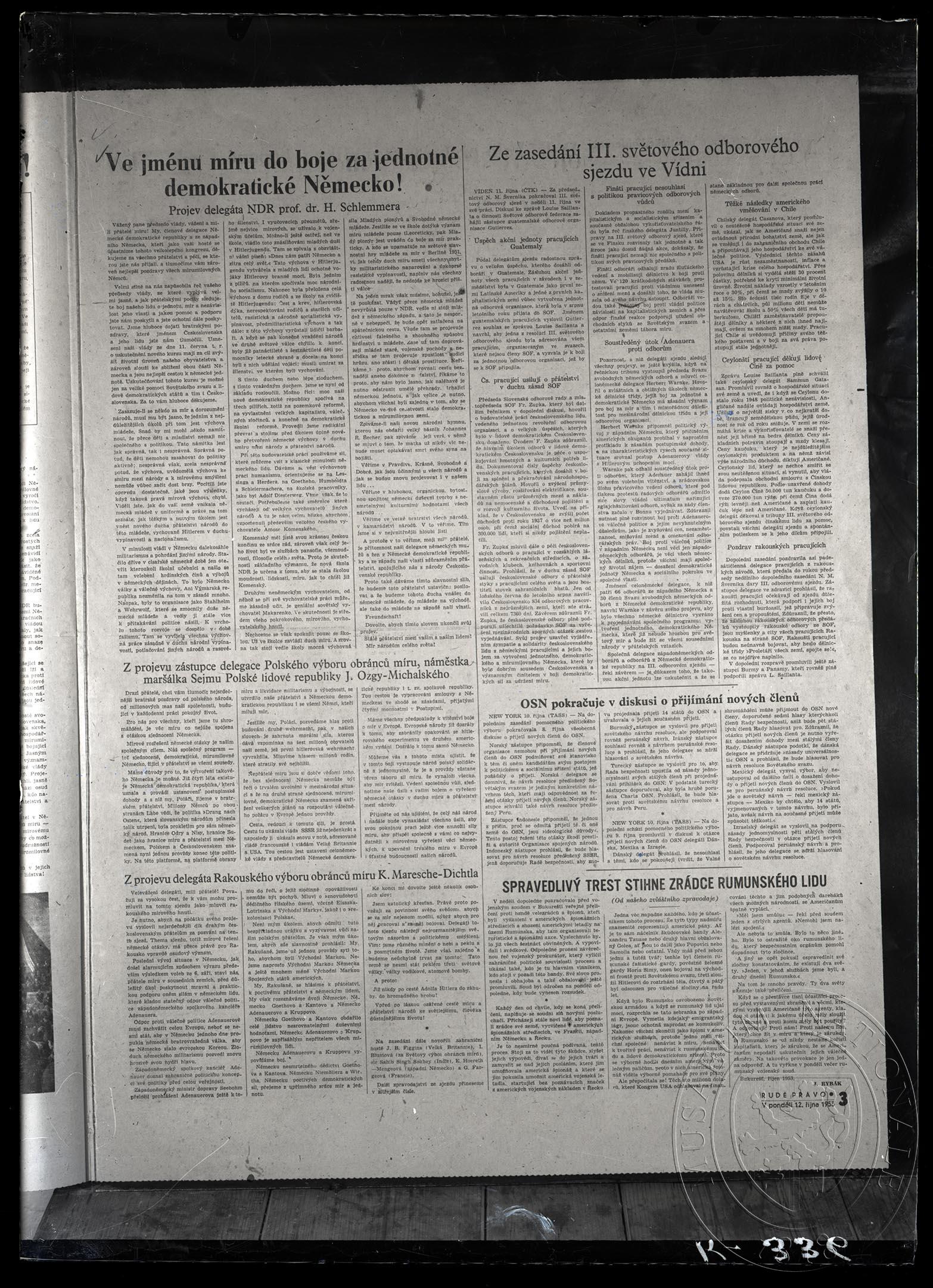 Náhledový obrázek Článek Ve jménu míru do boje za jednotné demokratické Německo!, Rudé právo, roč. 34, čís. 284, 12. 10. 1953, str. 3, dokončení. - 1