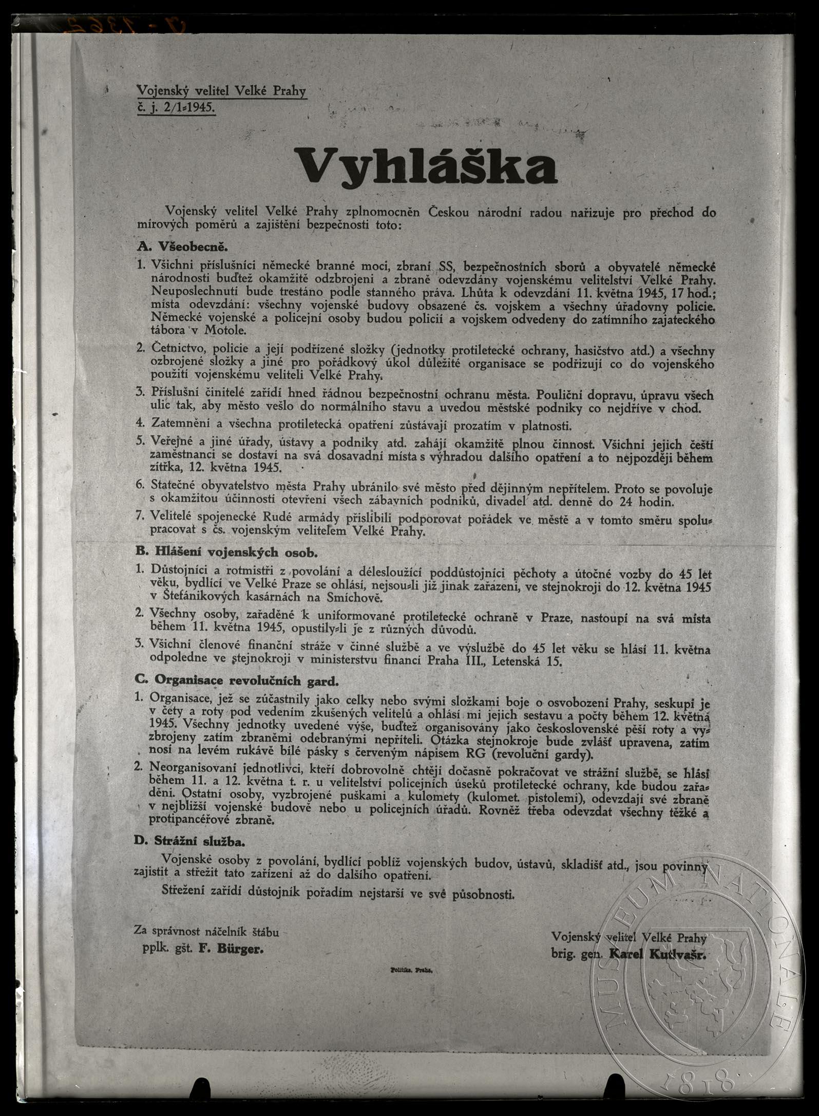 Náhledový obrázek Vyhláška, přechod do mírových poměrů, Vojenský velitel Velké Prahy, 1945. - 1