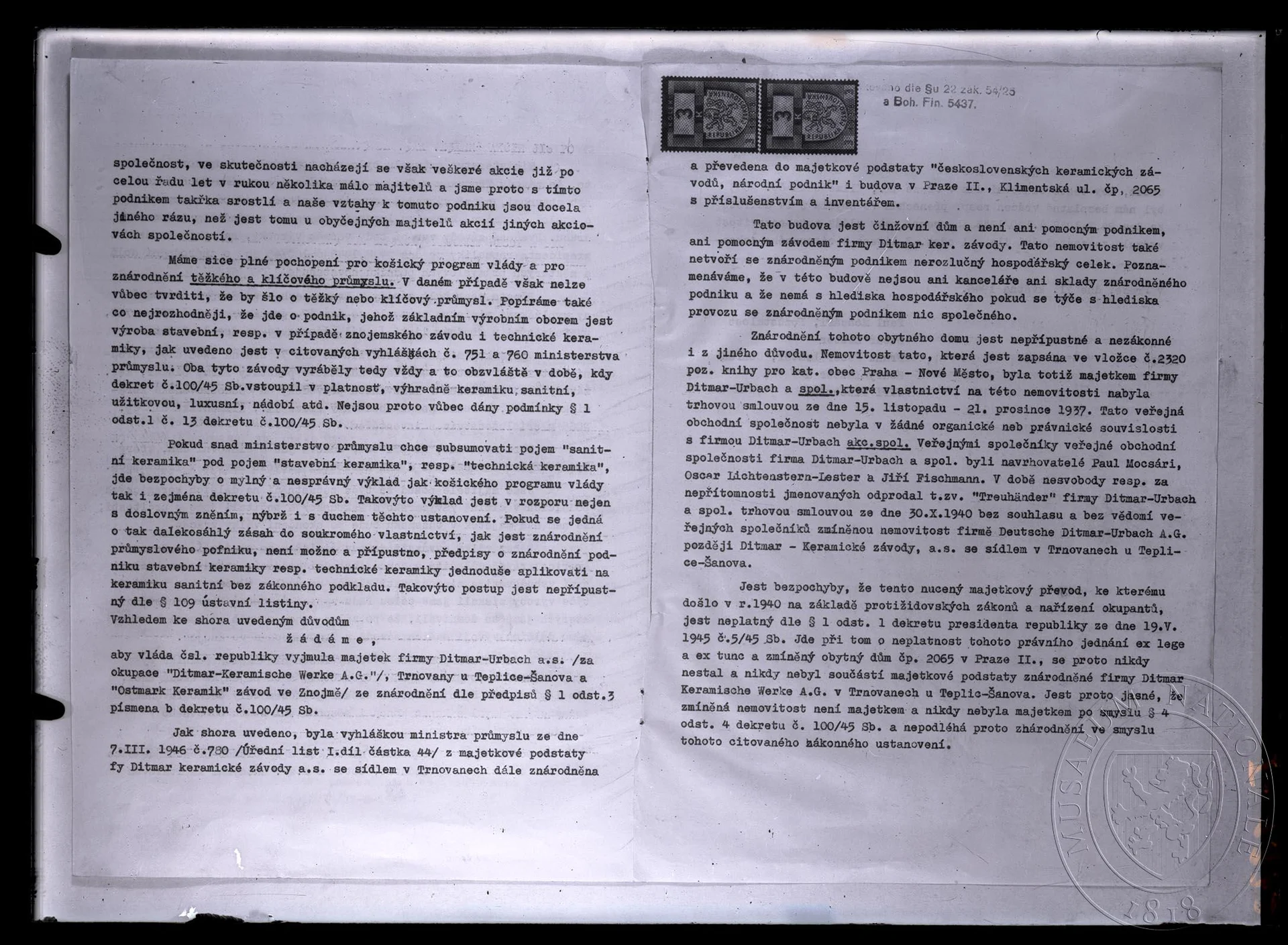 Obrázek Žádost o vyjmutí majetku firem Ditmar-keramické závody a Ostmark Keramik ze znárodnění, adresát Úřad předsednictva vlády, 21. 5. 1946, pokračování. Strojopis, dvojstrana.
