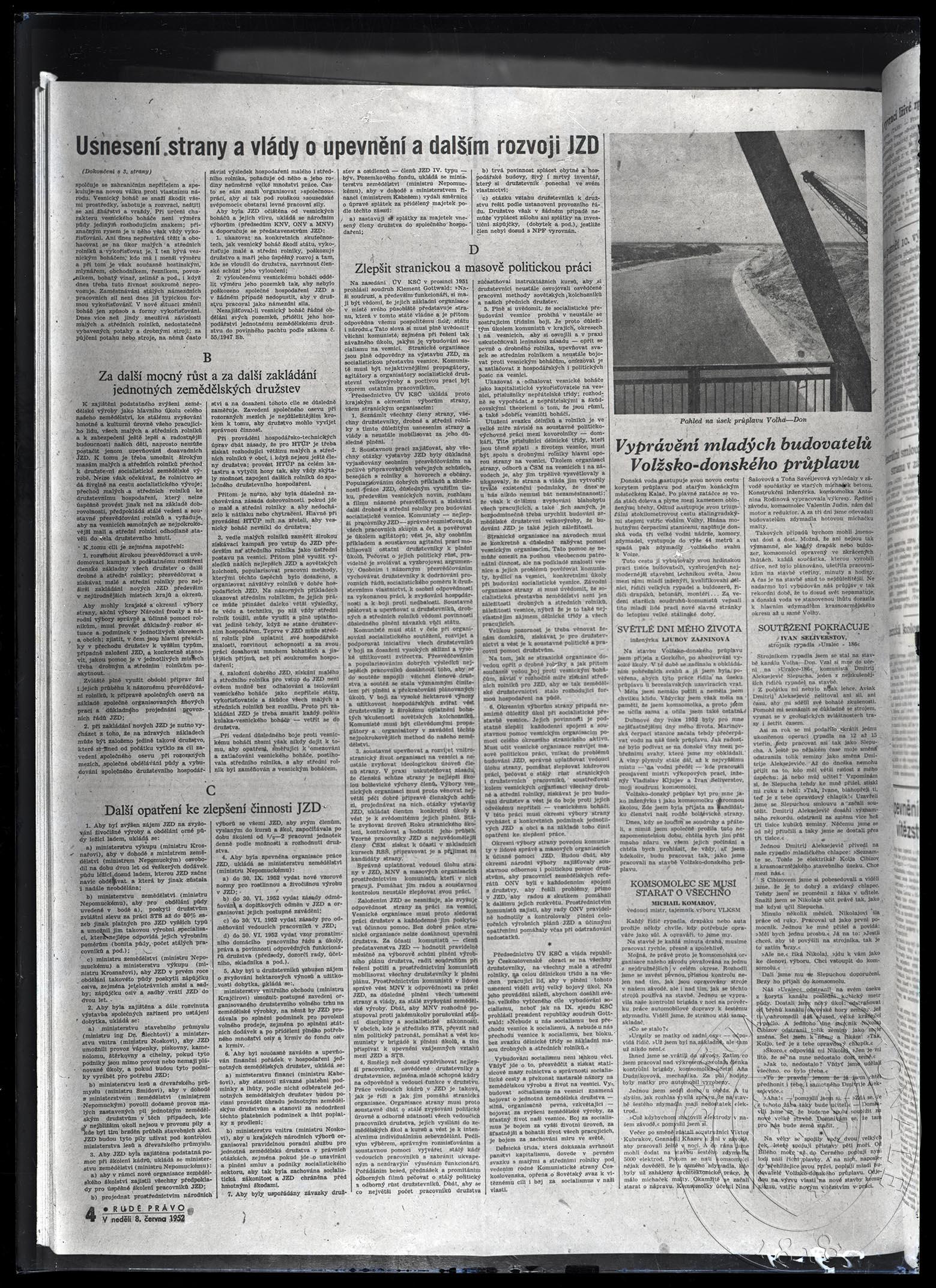 Obrázek Článek Usnesení strany a vlády o upevnění a dalším rozvoji JZD, Rudé právo, 8. 6. 1952, str. 4, pokračování.
