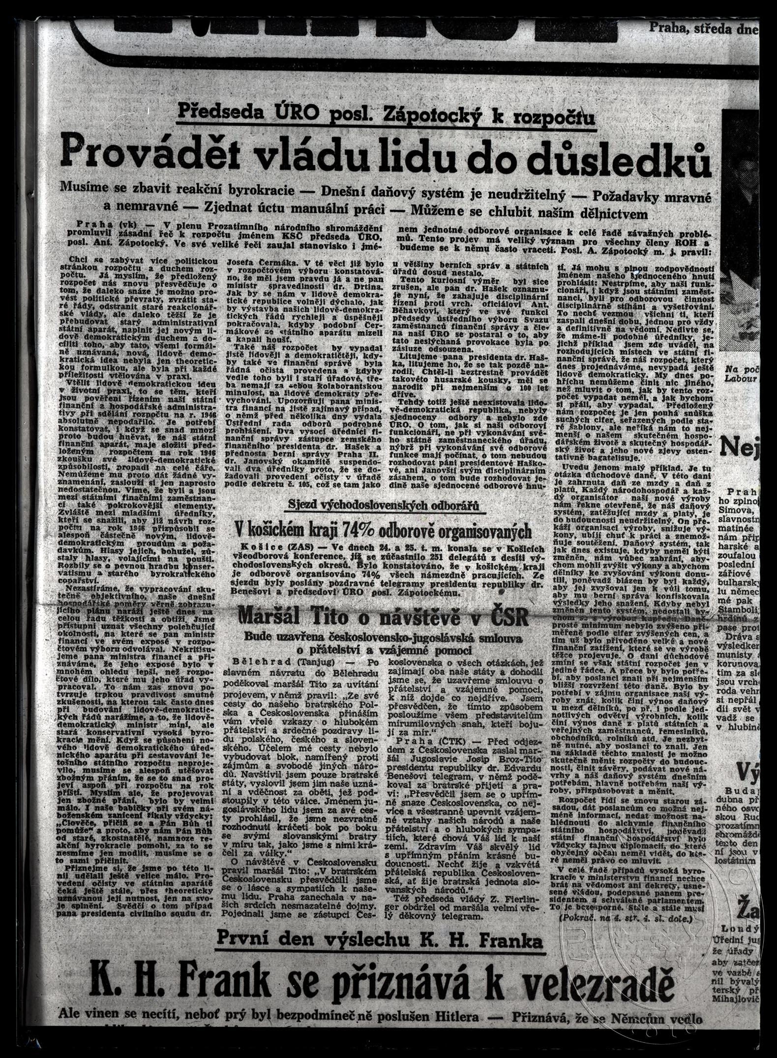 Náhledový obrázek A. Zápotocký: „Provádět vládu lidu do důsledků. “ Práce 27. 3. 1946 - 1