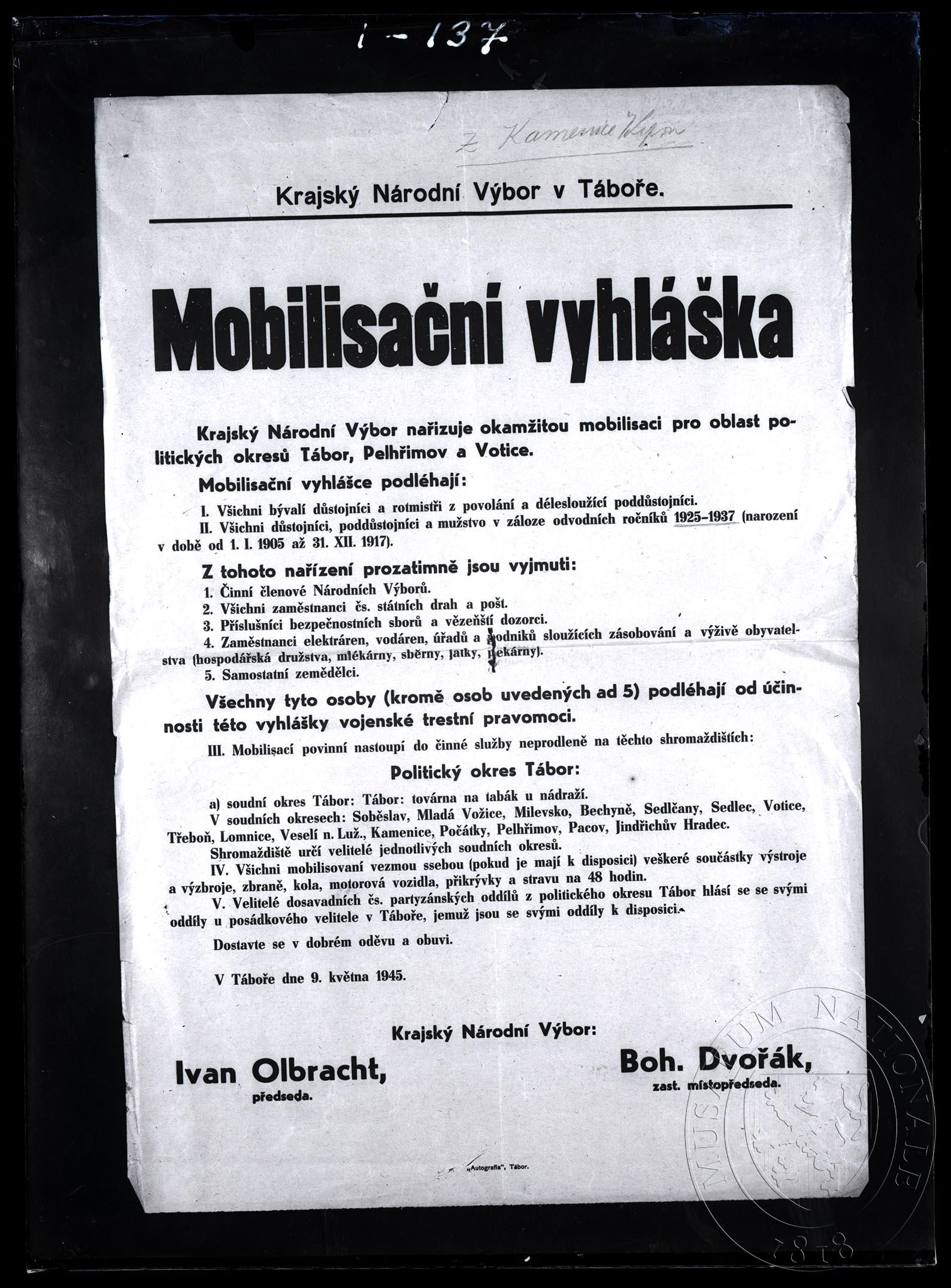 Náhledový obrázek 9. 5. 1945 Mobilizační vyhláška KNV v Táboře (podeps. I. Olbrachtem), archiv min. vnitra - 1