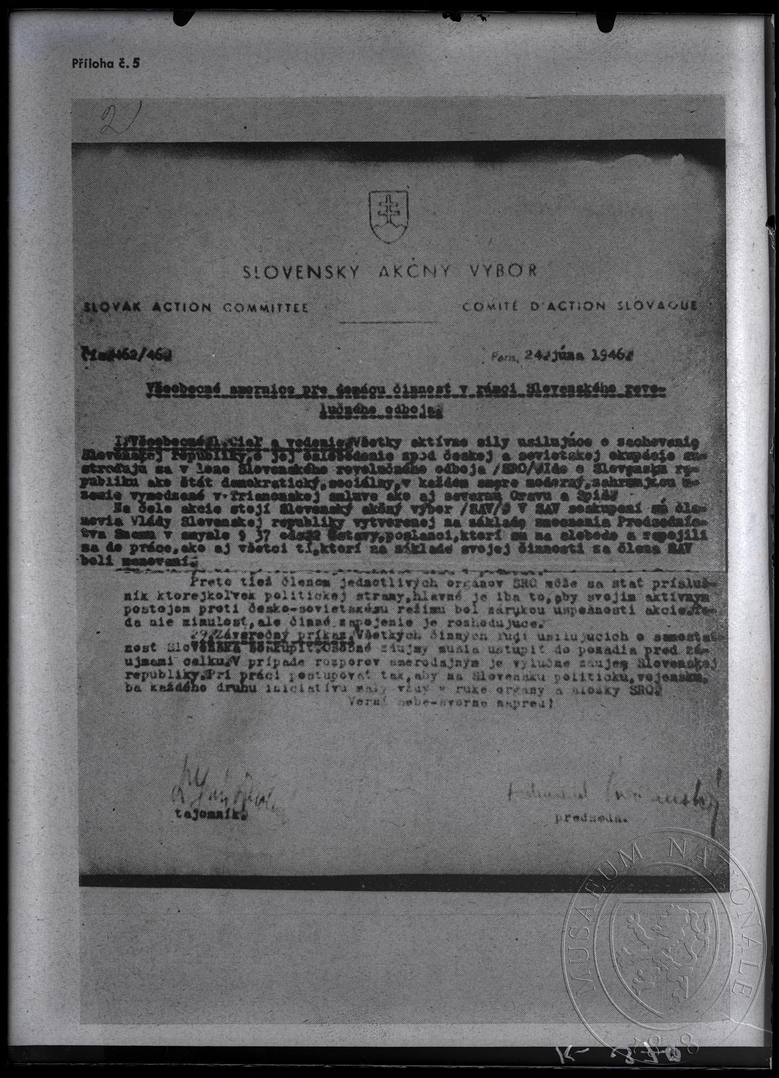 Náhledový obrázek Všeobecné smernice pre domácu činnost v rámci Slovenského revolučného odboja, Slovenský akční výbor, 24. 6. 1946. - 1