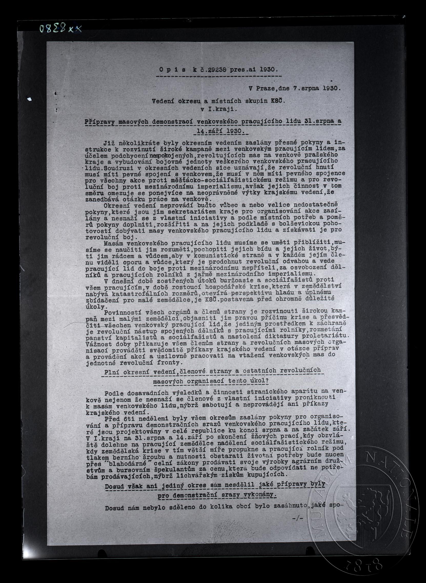Obrázek Text Přípravy masových demonstrací venkovského pracujícího lidu 31. srpna a 14. září 1930