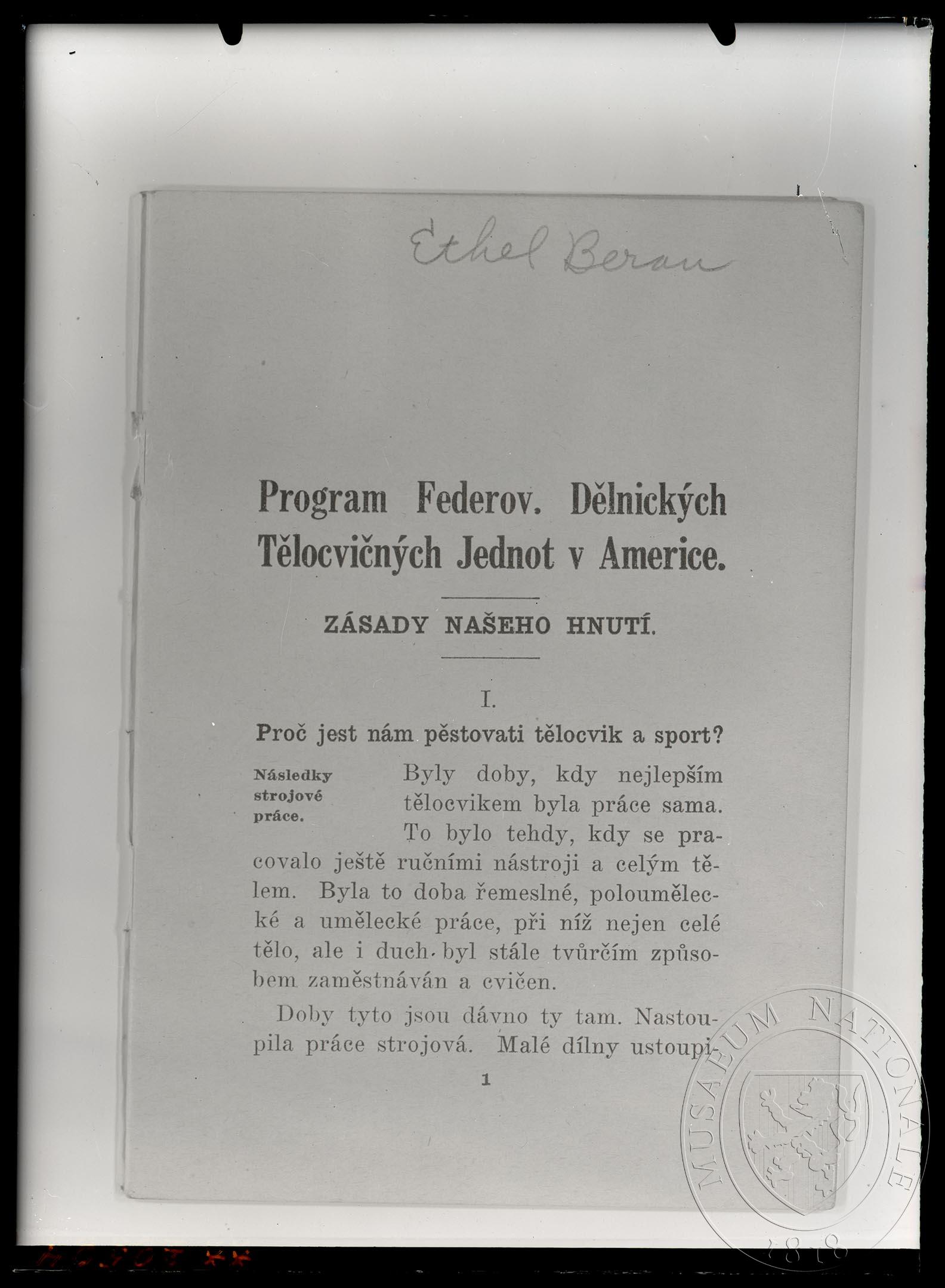 Náhledový obrázek Text Program Dělnických Tělovýchovných Jednot v Americe - 1