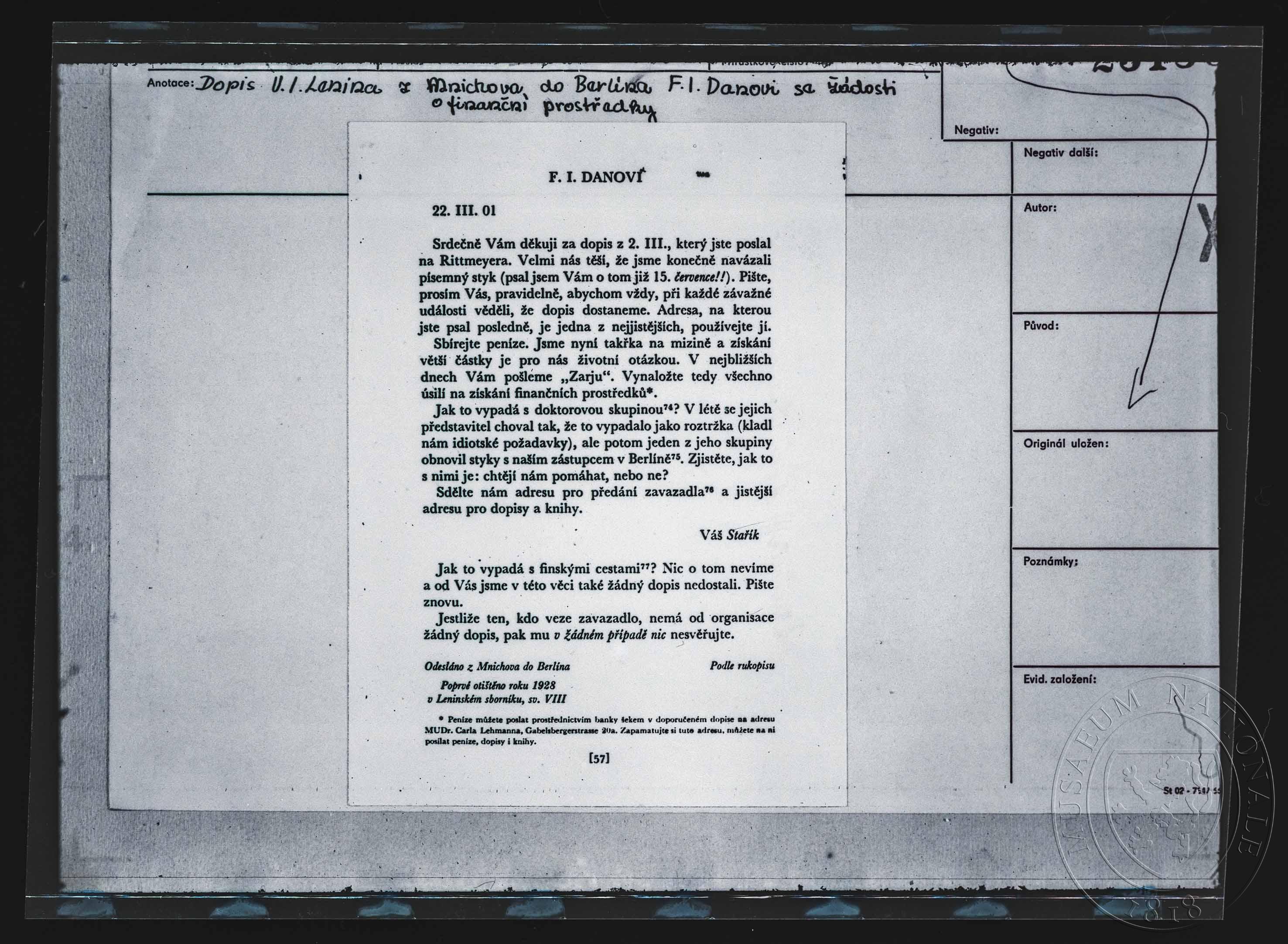 Náhledový obrázek Tiskovina, dopis V. I. Lenina z Mnichova - 1