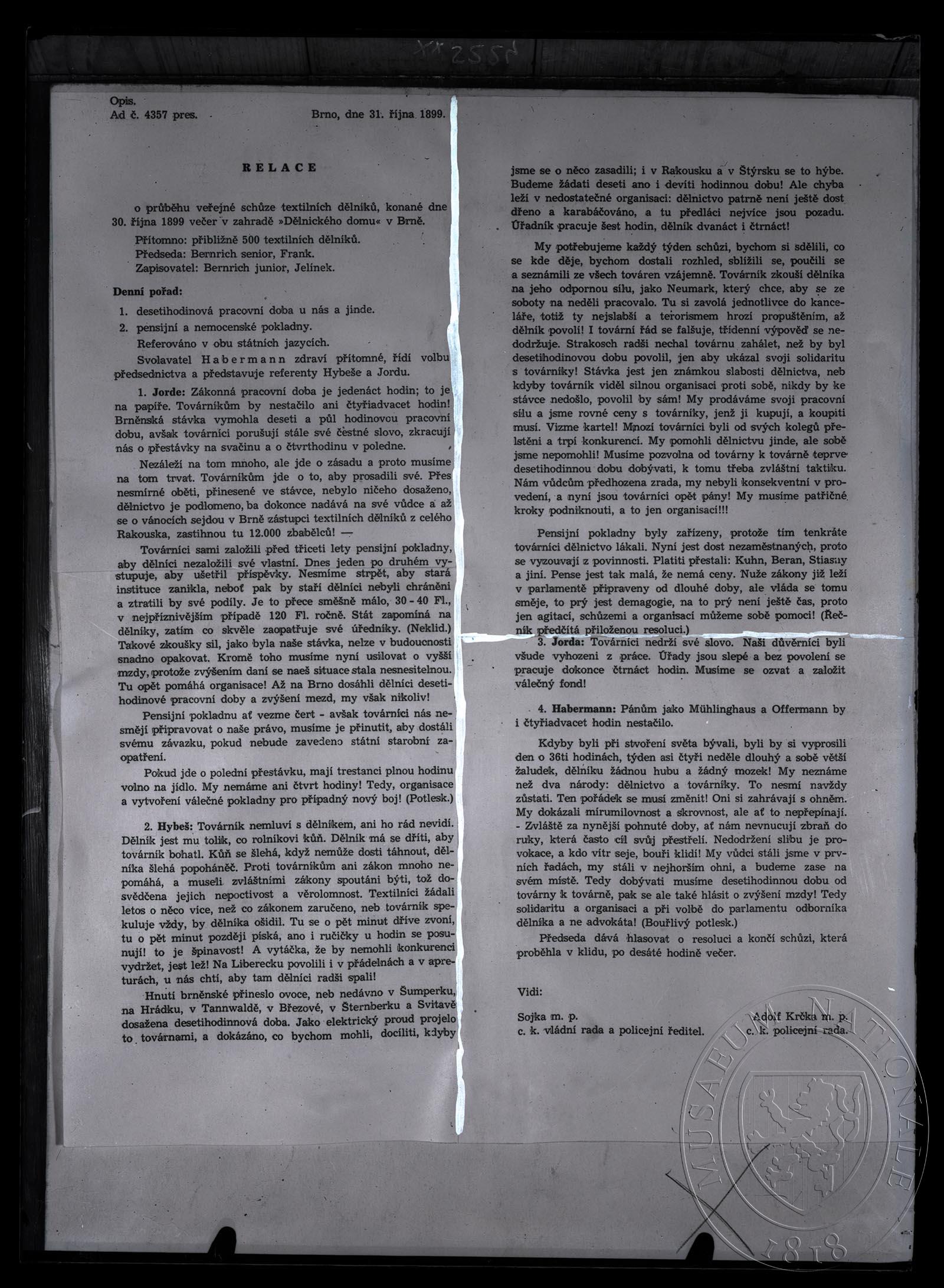 Náhledový obrázek Text Relace o průběhu veřejné schůze textilních dělníků - 1