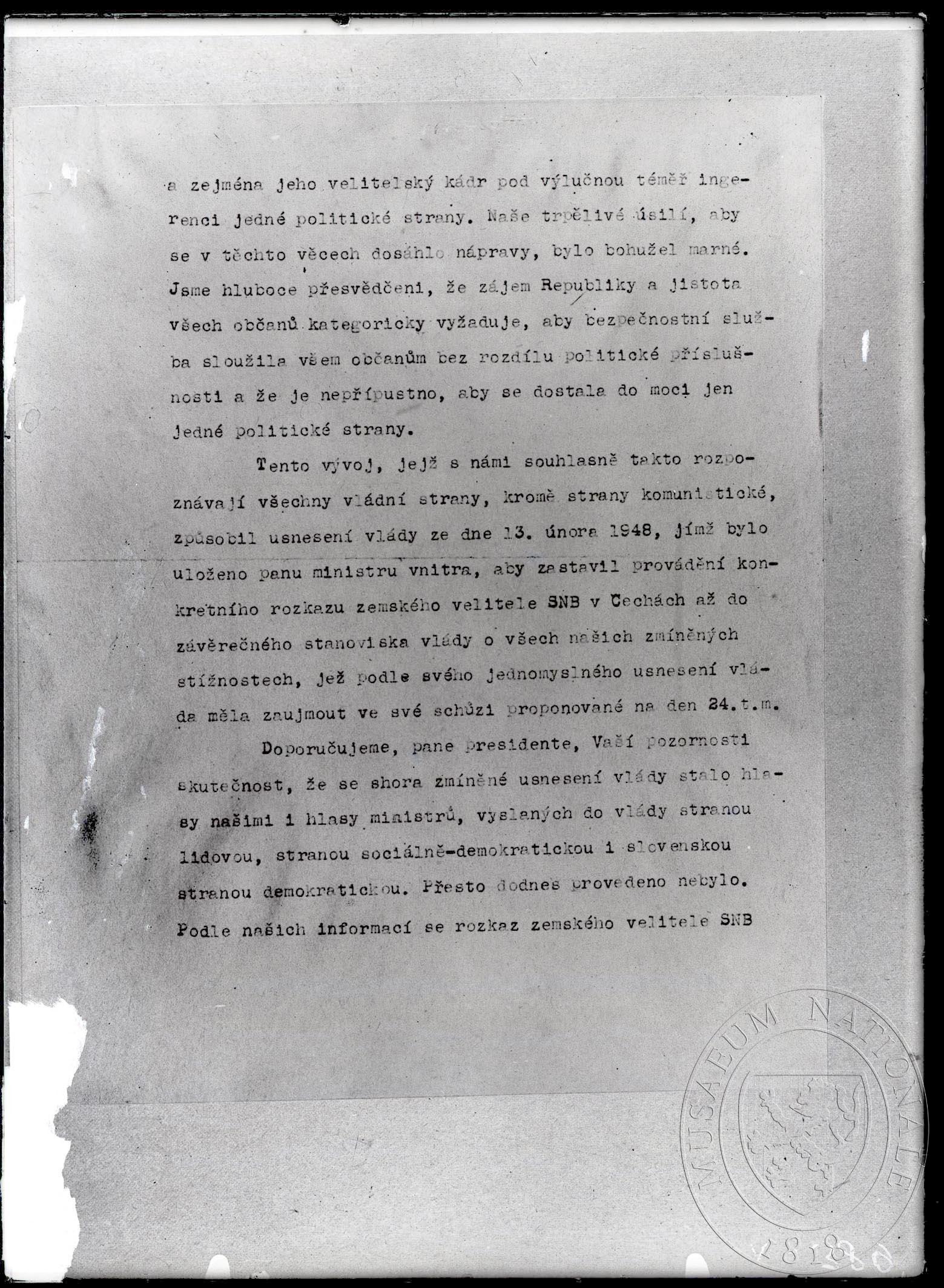 Náhledový obrázek Dopis, odesílatel Československá strana národně socialistická v Praze, adresát prezident Edvard Beneš, Praha, 20. 2. 1948, pokračování. Strojopis. - 1