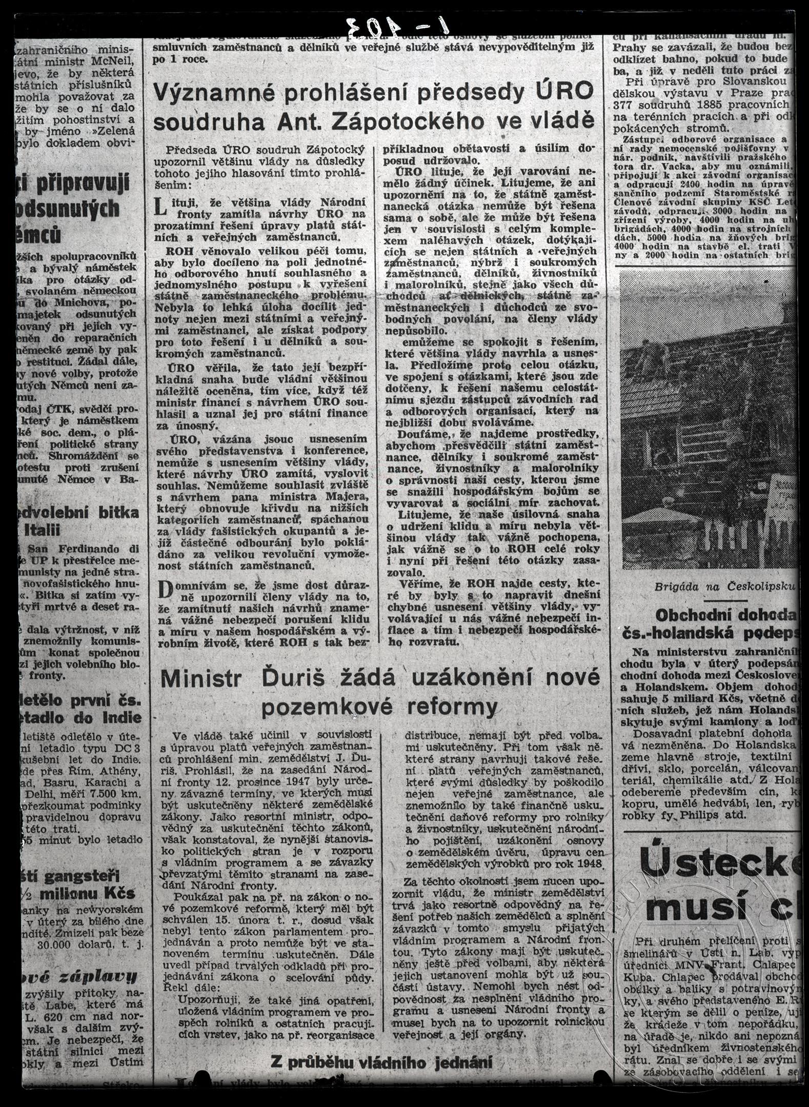 Náhledový obrázek Článek Významné prohlášení předsedy ÚRO soudruha Antonína Zápotockého ve vládě. - 1
