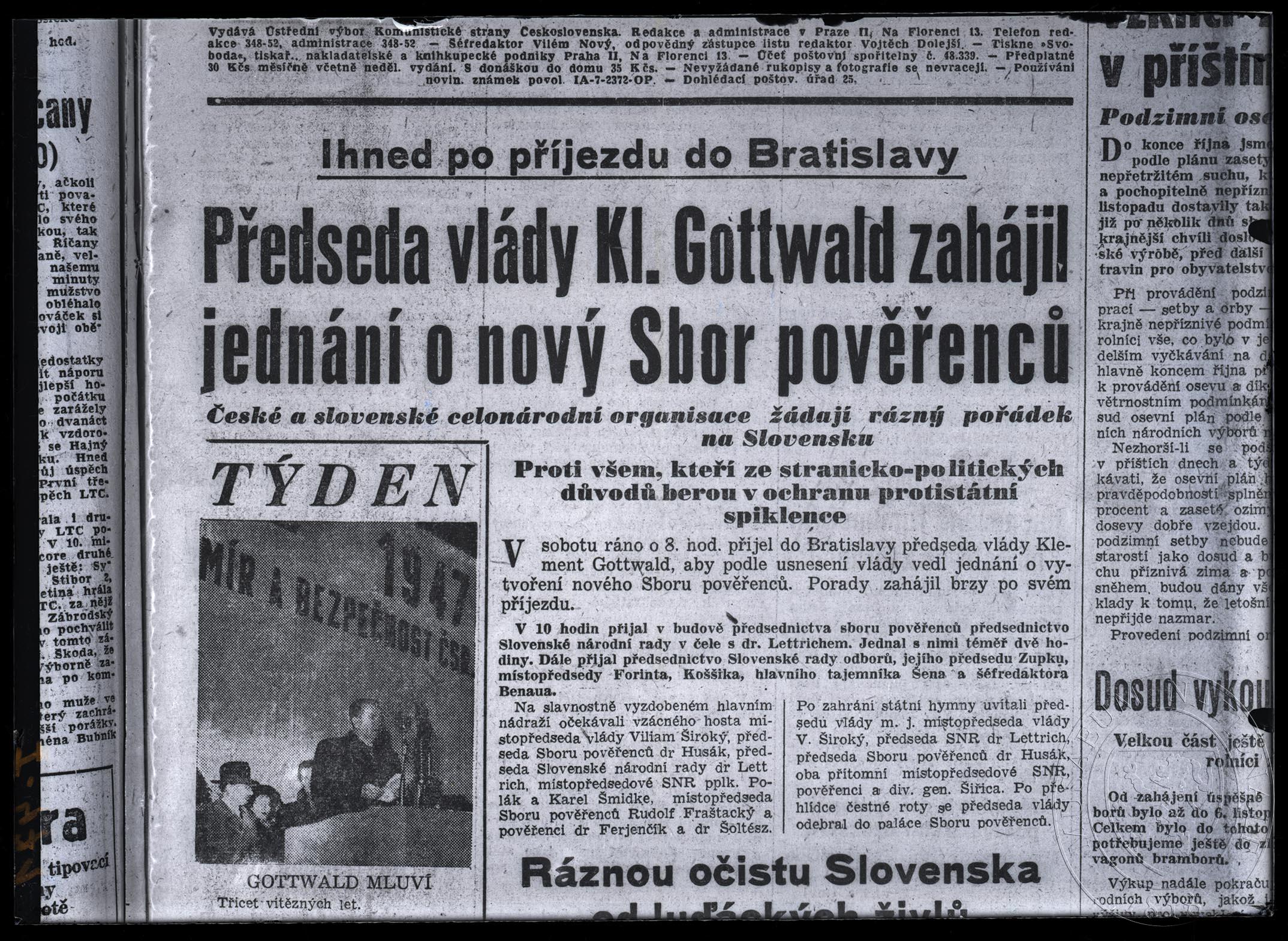 Náhledový obrázek RP 9. 11. 1947 Předseda vlády K. Gottwald zahájil jednání. - 1