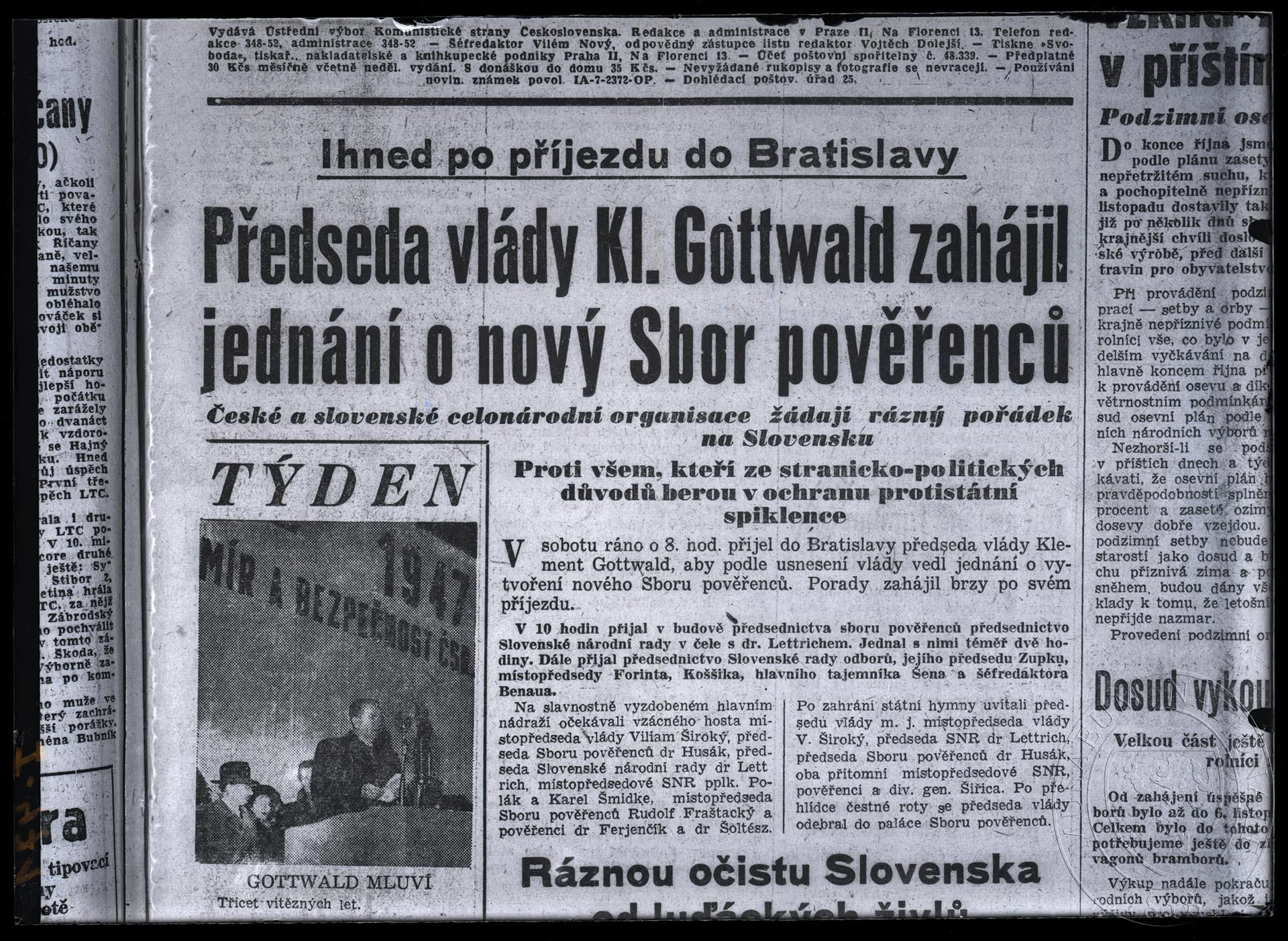 Obrázek RP 9. 11. 1947 Předseda vlády K. Gottwald zahájil jednání.
