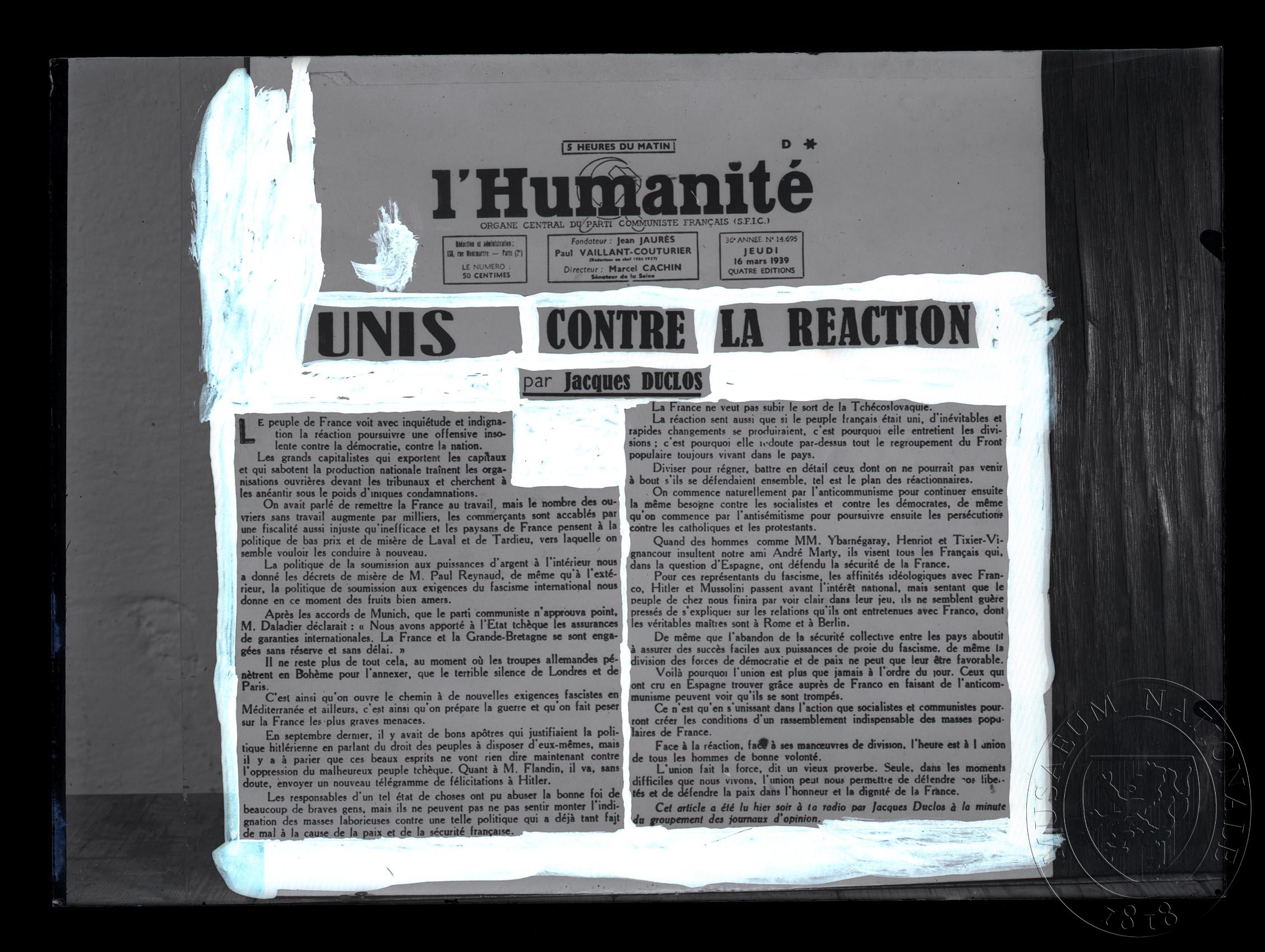 Náhledový obrázek Článek Unis contre la reaction, periodikum l´Humanité, roč. 36, čís. 14.695, 16. 3. 1939. Výstřižek. - 1