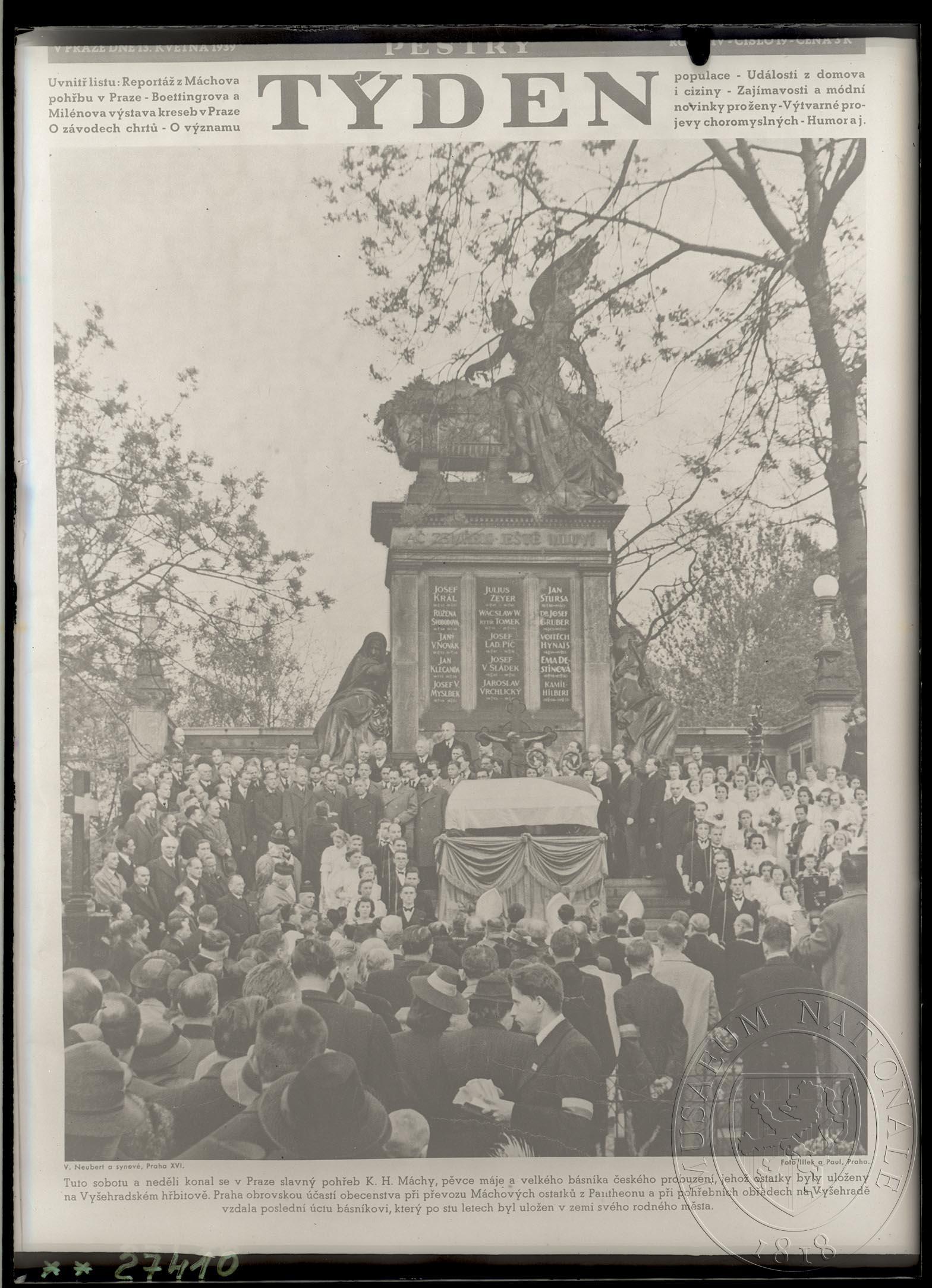 Náhledový obrázek Fotografie, symbolický pohřeb K. H. Máchy, titulní strana časopisu Týden. - 1