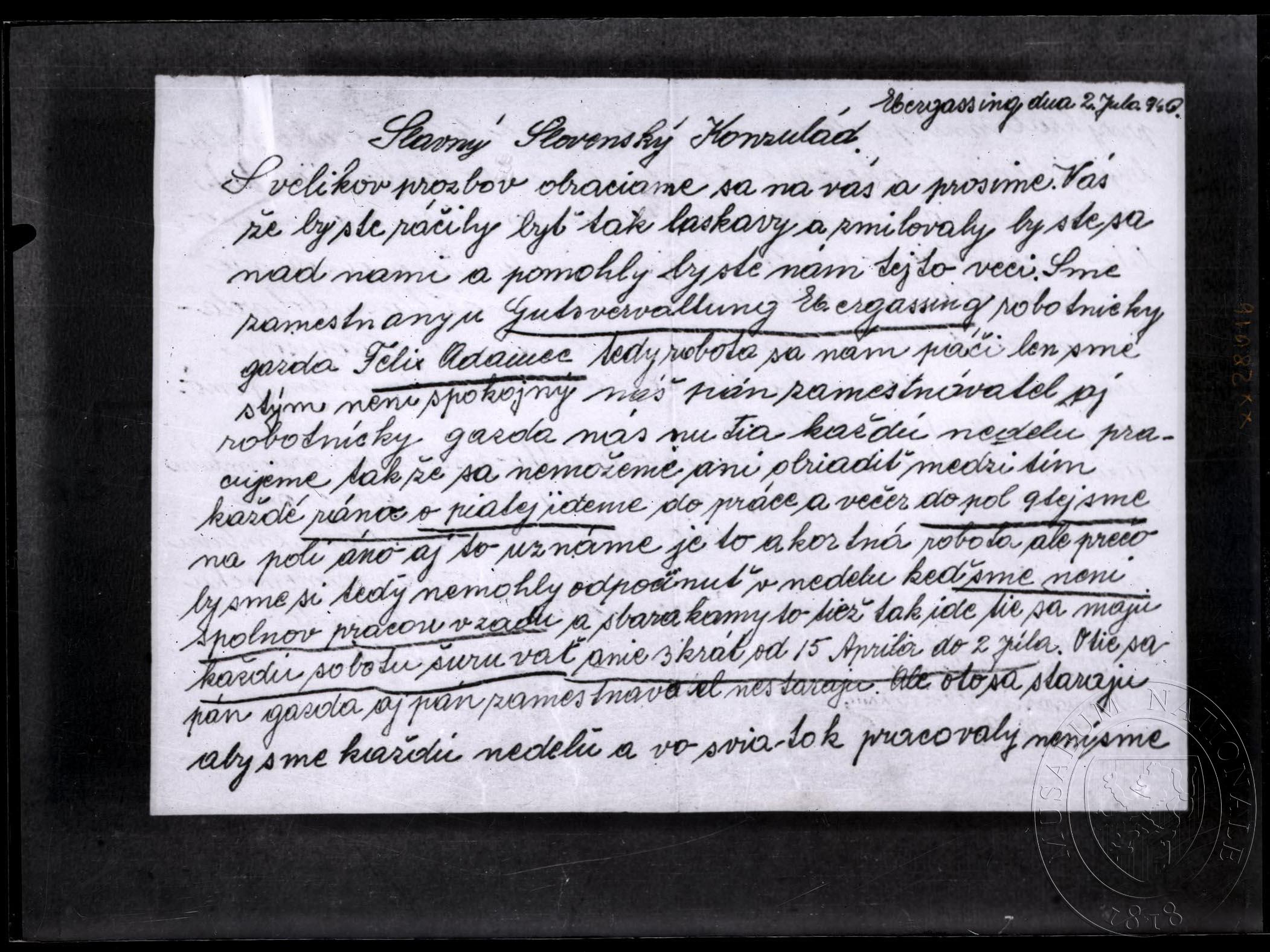 Náhledový obrázek Dopis, adresát Slovenský konzulát, 2. 7. 1940. Rukopis. - 1