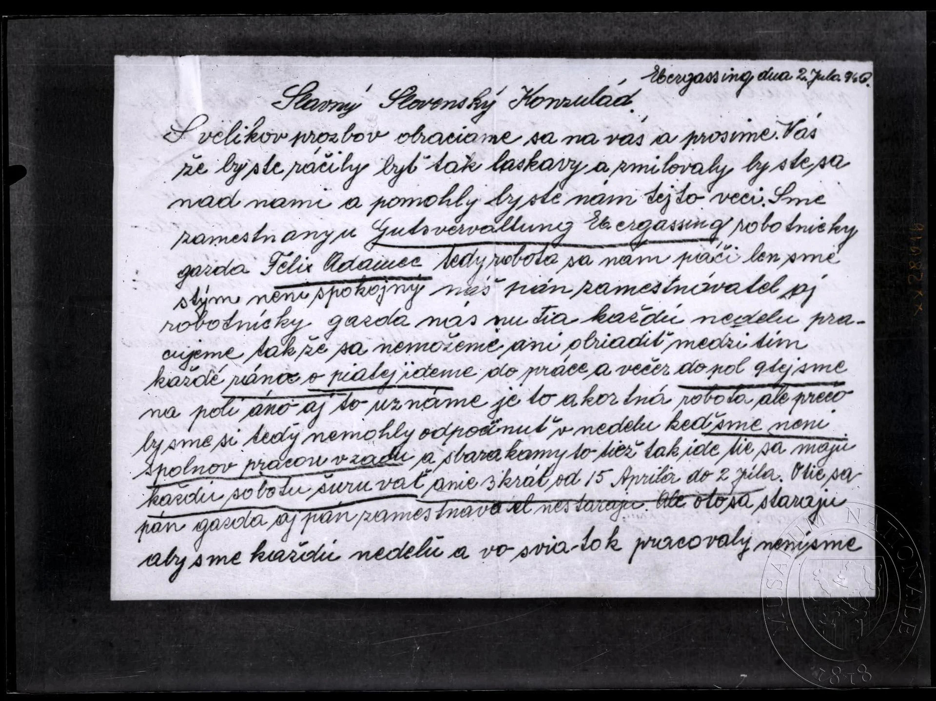 Obrázek Dopis, adresát Slovenský konzulát, 2. 7. 1940. Rukopis.