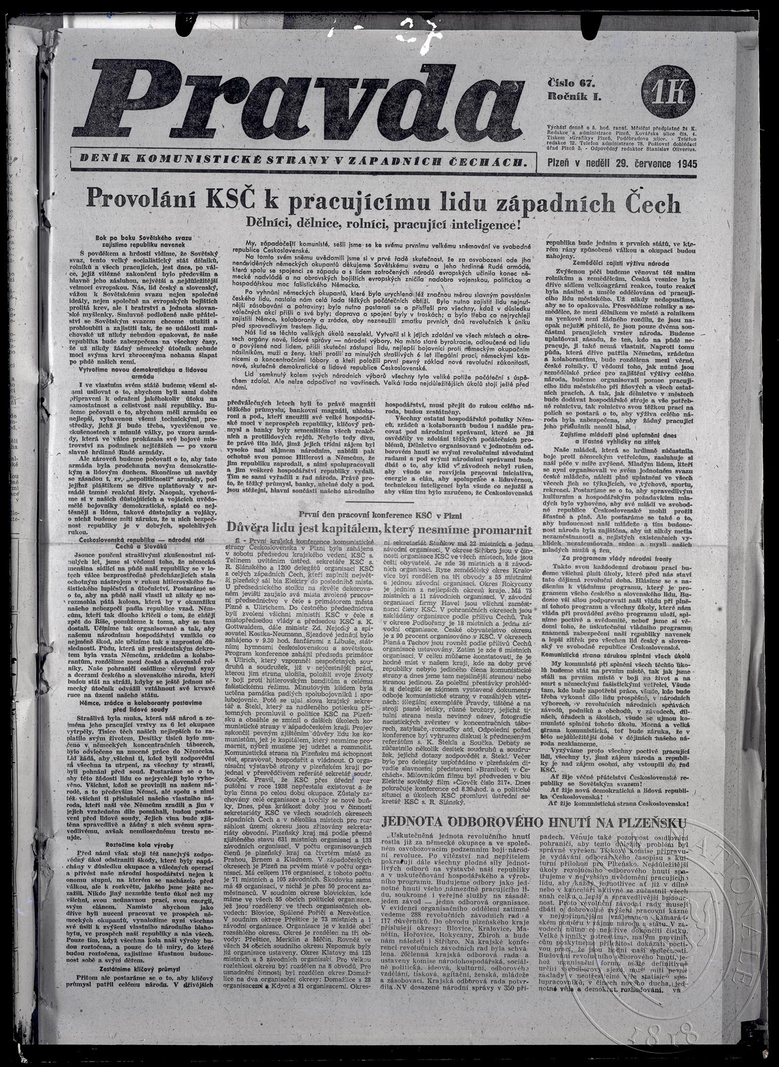 Obrázek Článek Provolání KSČ k pracujícímu lidu západních Čech, Pravda, roč. I, čís. 67, titulní strana.