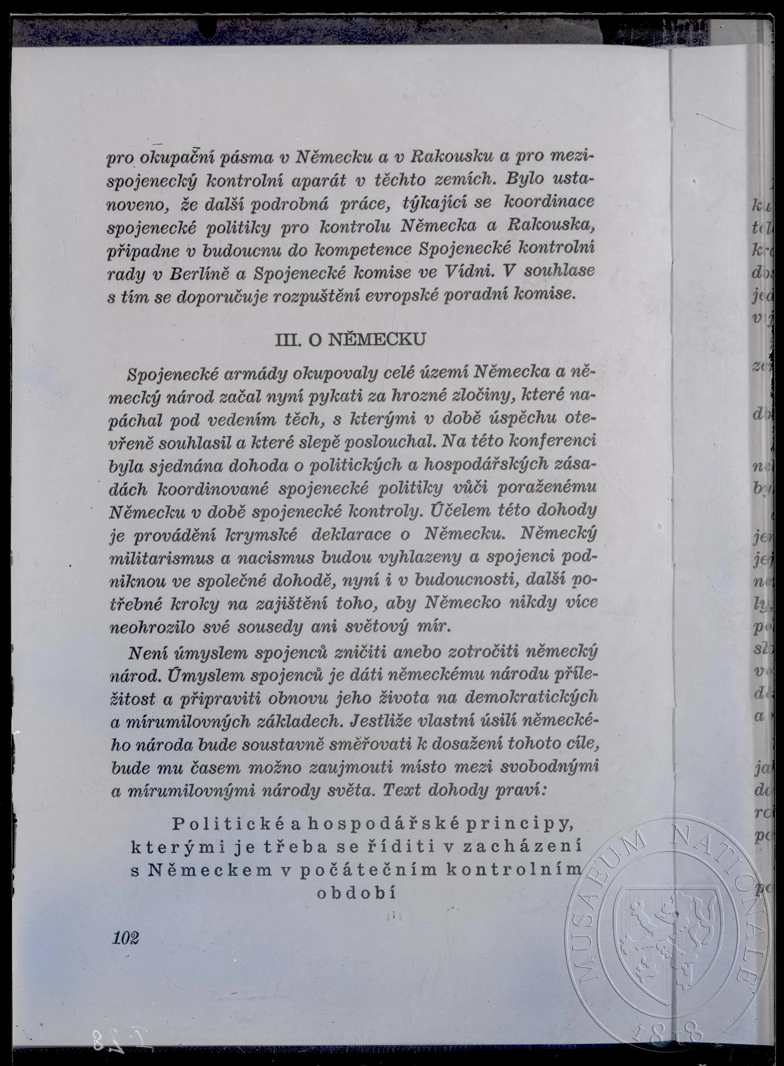 Obrázek Text Komuniké o Berlínské (Postupimské) konferenci 3 mocností, str. 102, pokračování.