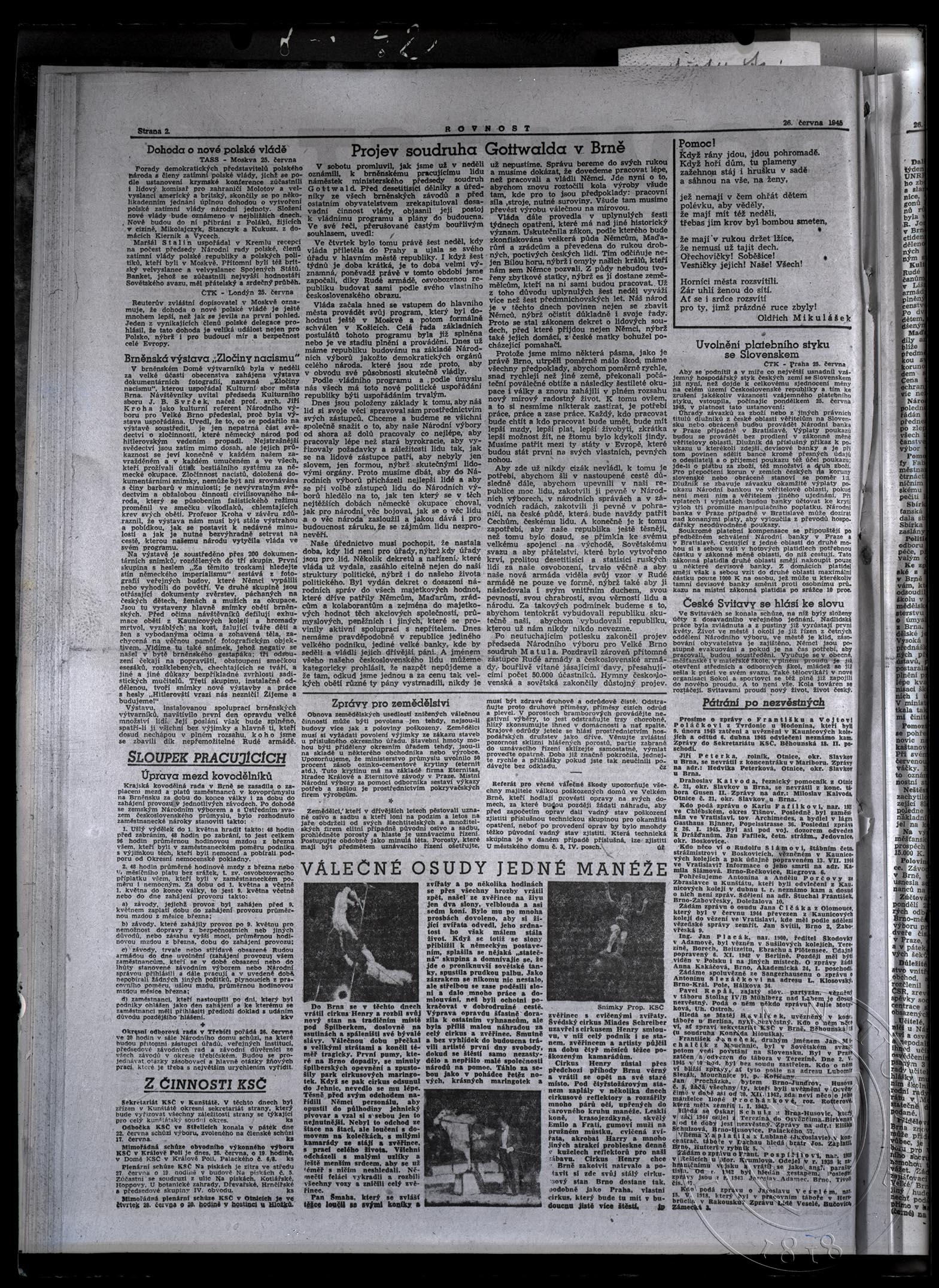Náhledový obrázek List Rovnost, roč. 1945, čís. 42, 26. 6. 1945, str. 2. - 1