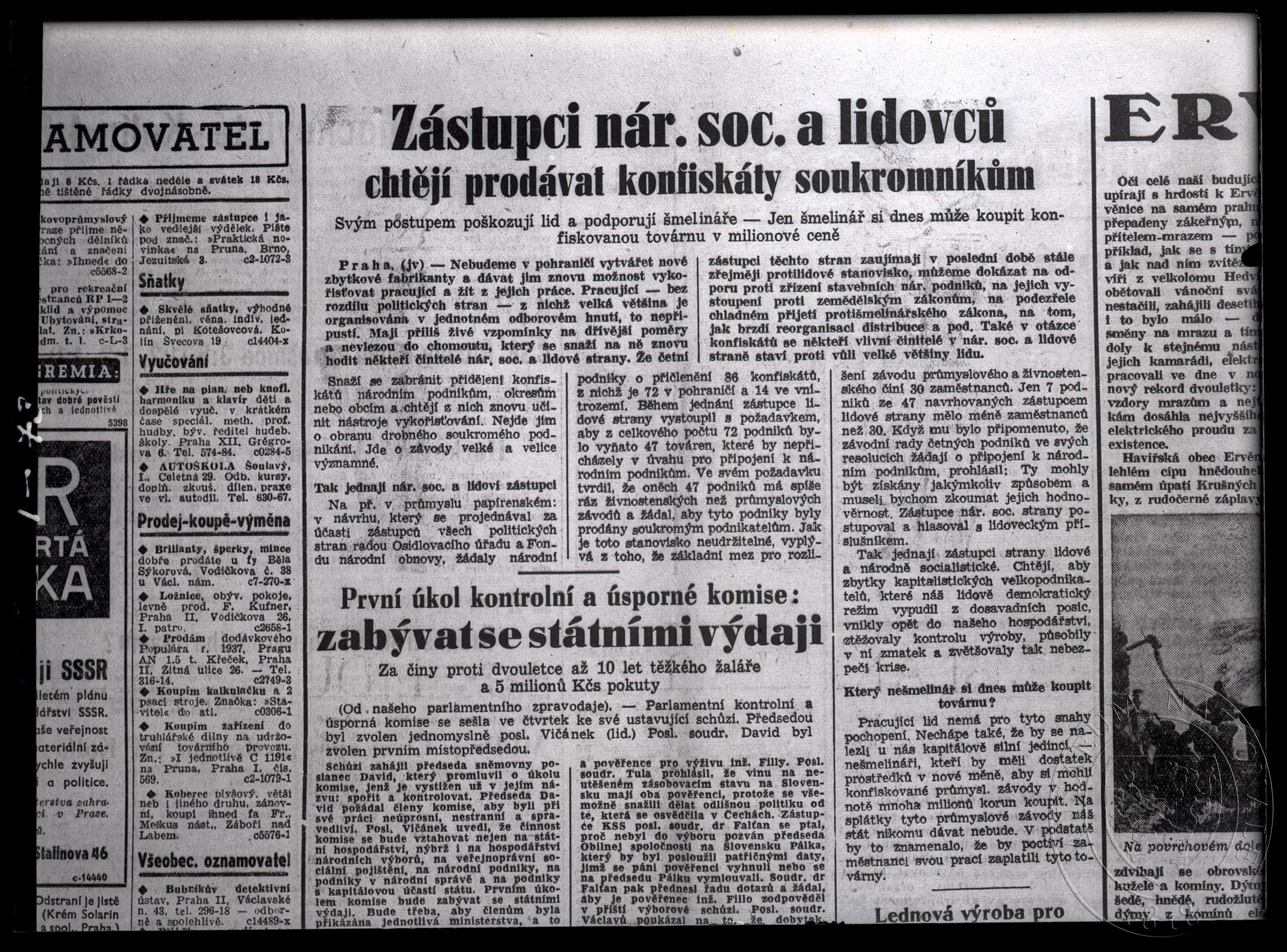 Náhledový obrázek Článek Zástupci nár. soc. a lidovců chtějí prodávat konfiskáty soukromníkům. - 1