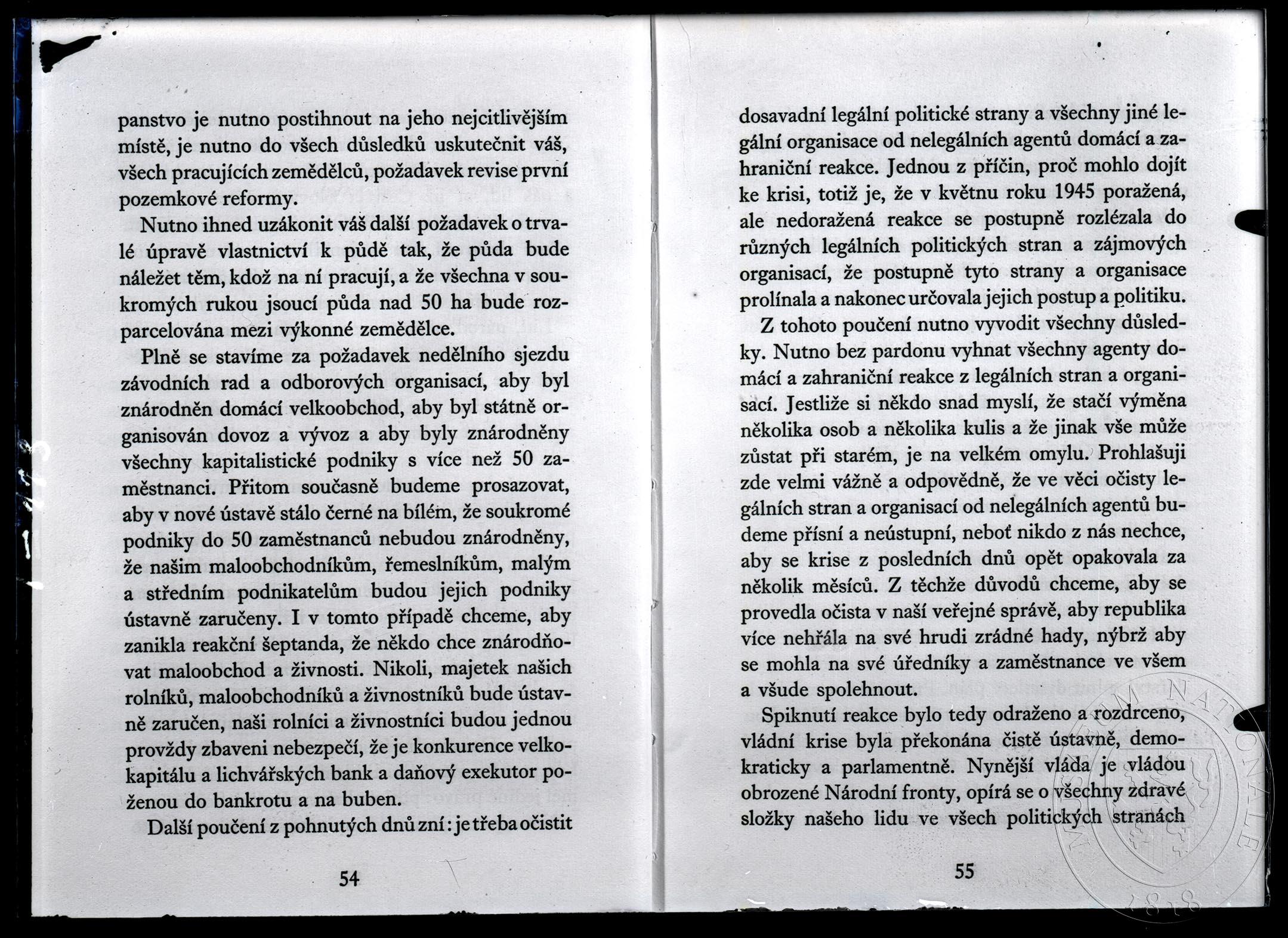 Náhledový obrázek Text Pravda zvítězila! Projev na pracovní schůzi sjezdu rolnických komisí 28. února 1948, str. 52–53. Dvojstrana. - 1