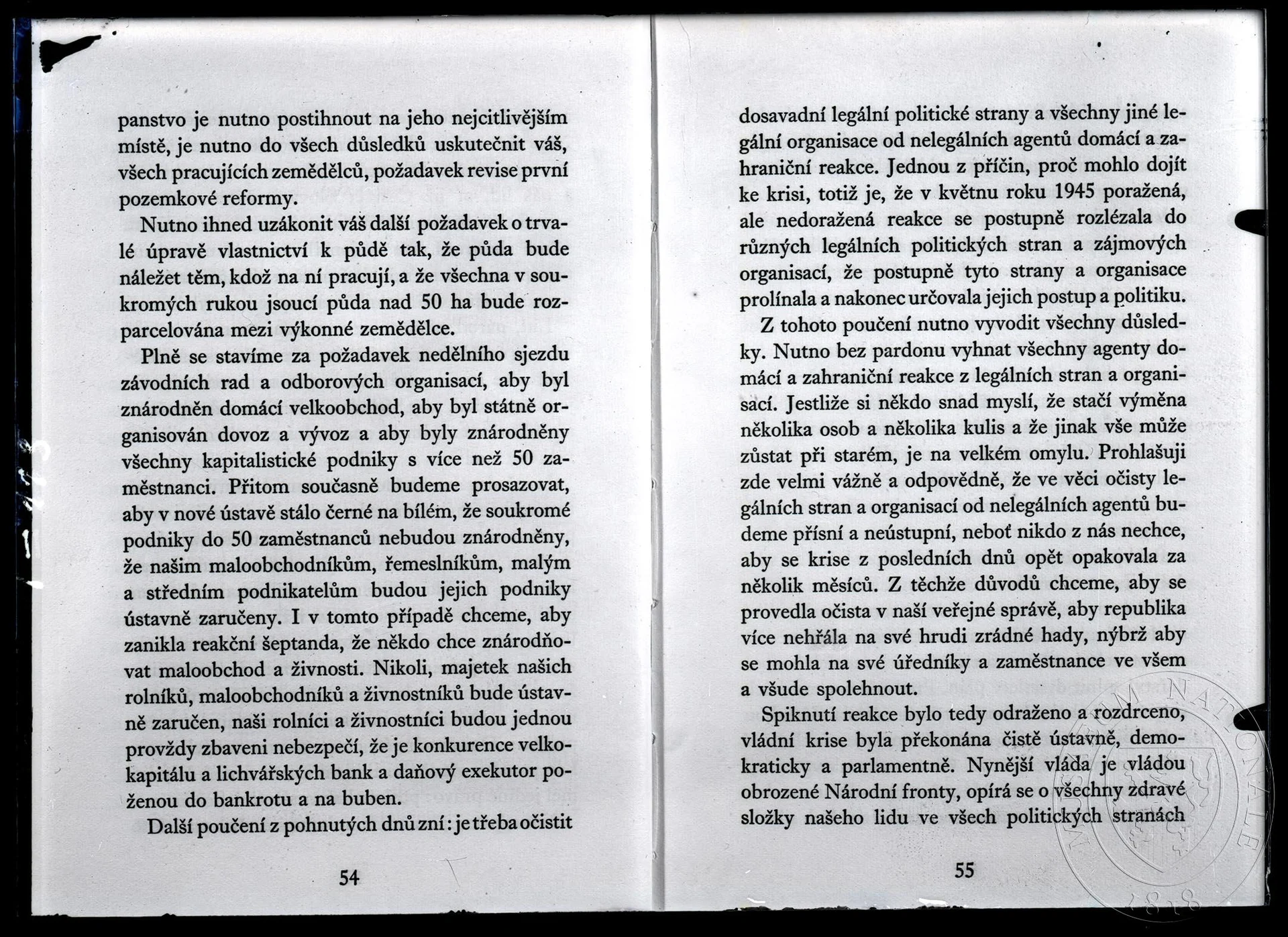 Obrázek Text Pravda zvítězila! Projev na pracovní schůzi sjezdu rolnických komisí 28. února 1948, str. 52–53. Dvojstrana.