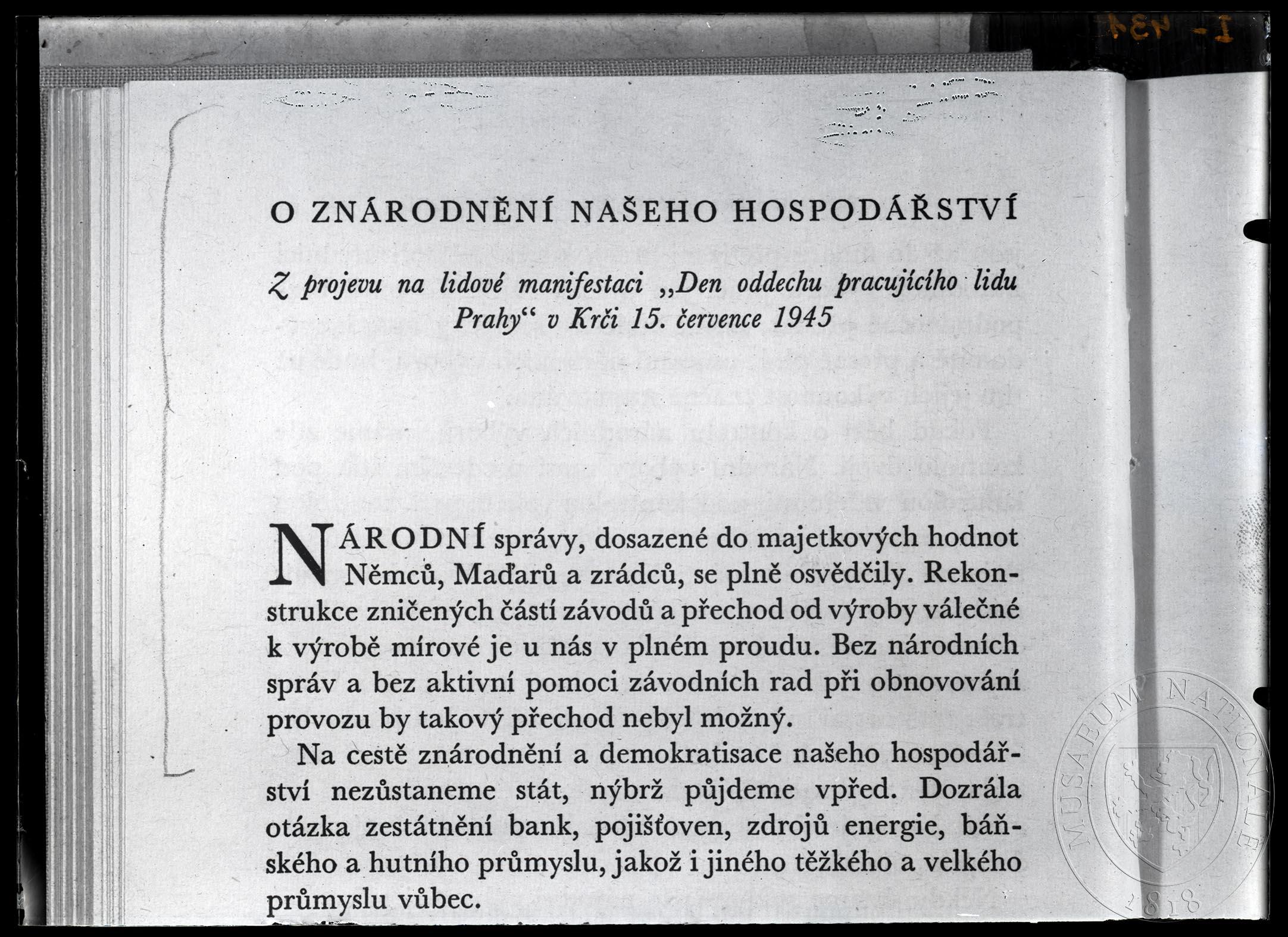 Náhledový obrázek Zatržený fragment textu O znárodnění našeho hospodářství. Z projevu na lidové manifestaci "Den oddechu pracujícího lidu Prahy" v Krči 15. července 1945. - 1