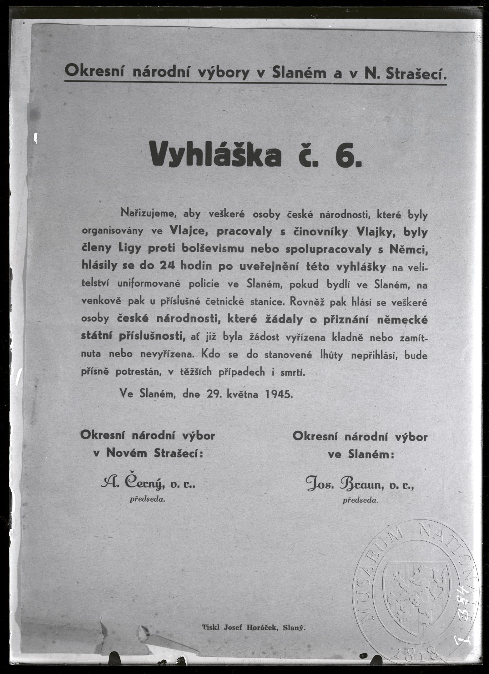 Náhledový obrázek Vyhláška č. 6, Okresní Národní výbor ve Slaném a v N. Strašecí, 29. 5. 1945. - 1