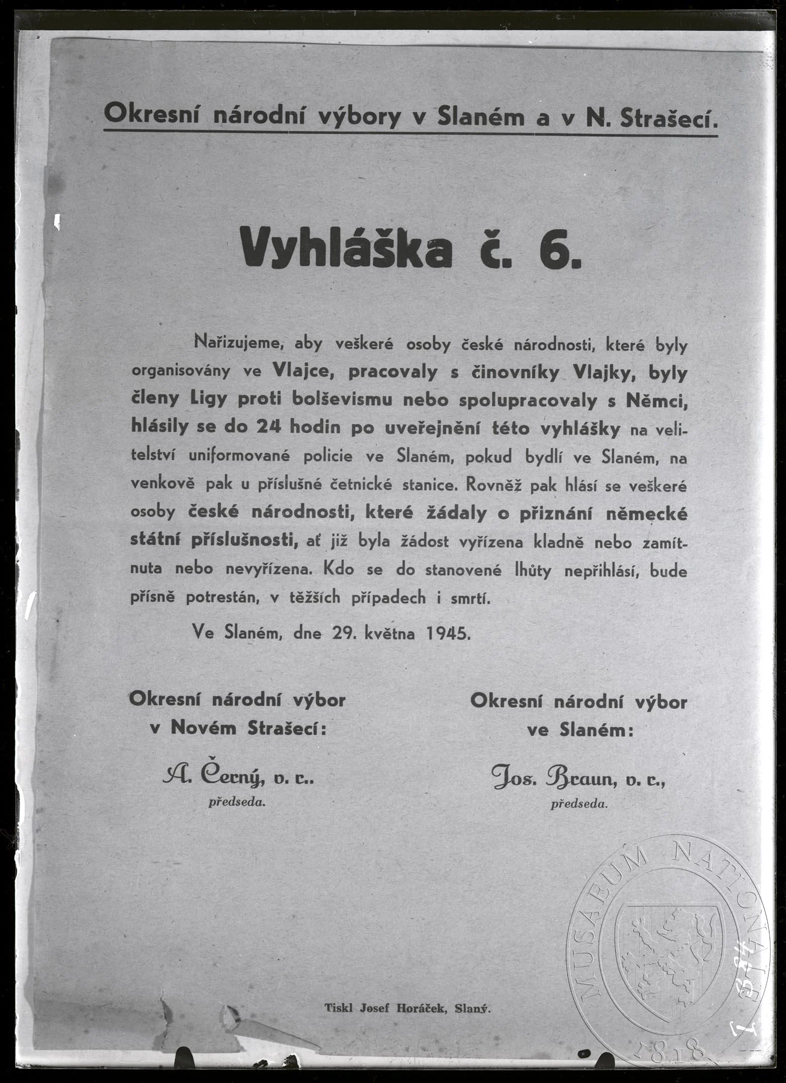 Obrázek Vyhláška č. 6, Okresní Národní výbor ve Slaném a v N. Strašecí, 29. 5. 1945.