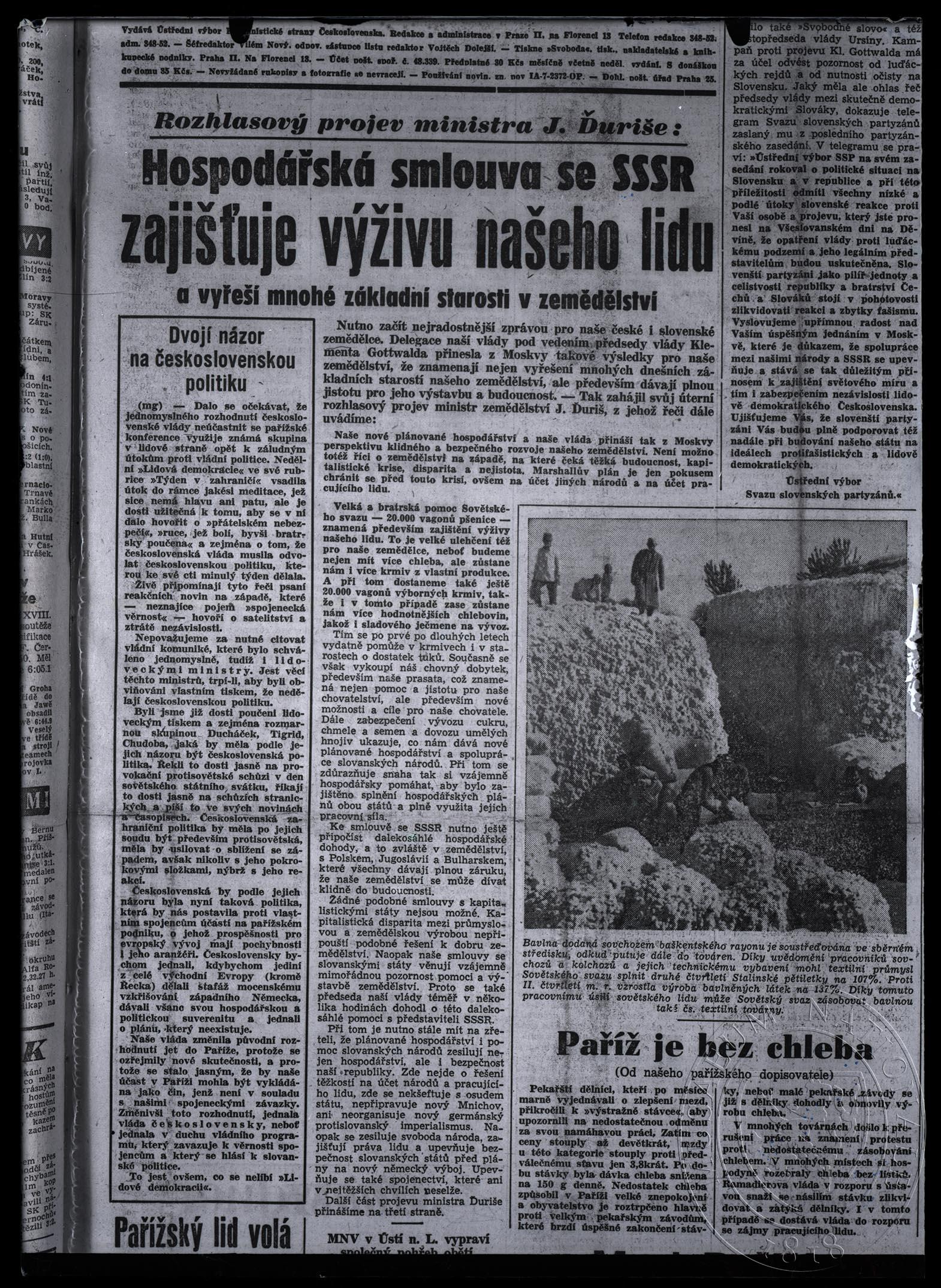 Náhledový obrázek Článek Hospodářská smlouva se SSSR zajišťuje výživu našeho lidu, Rudé právo. - 1