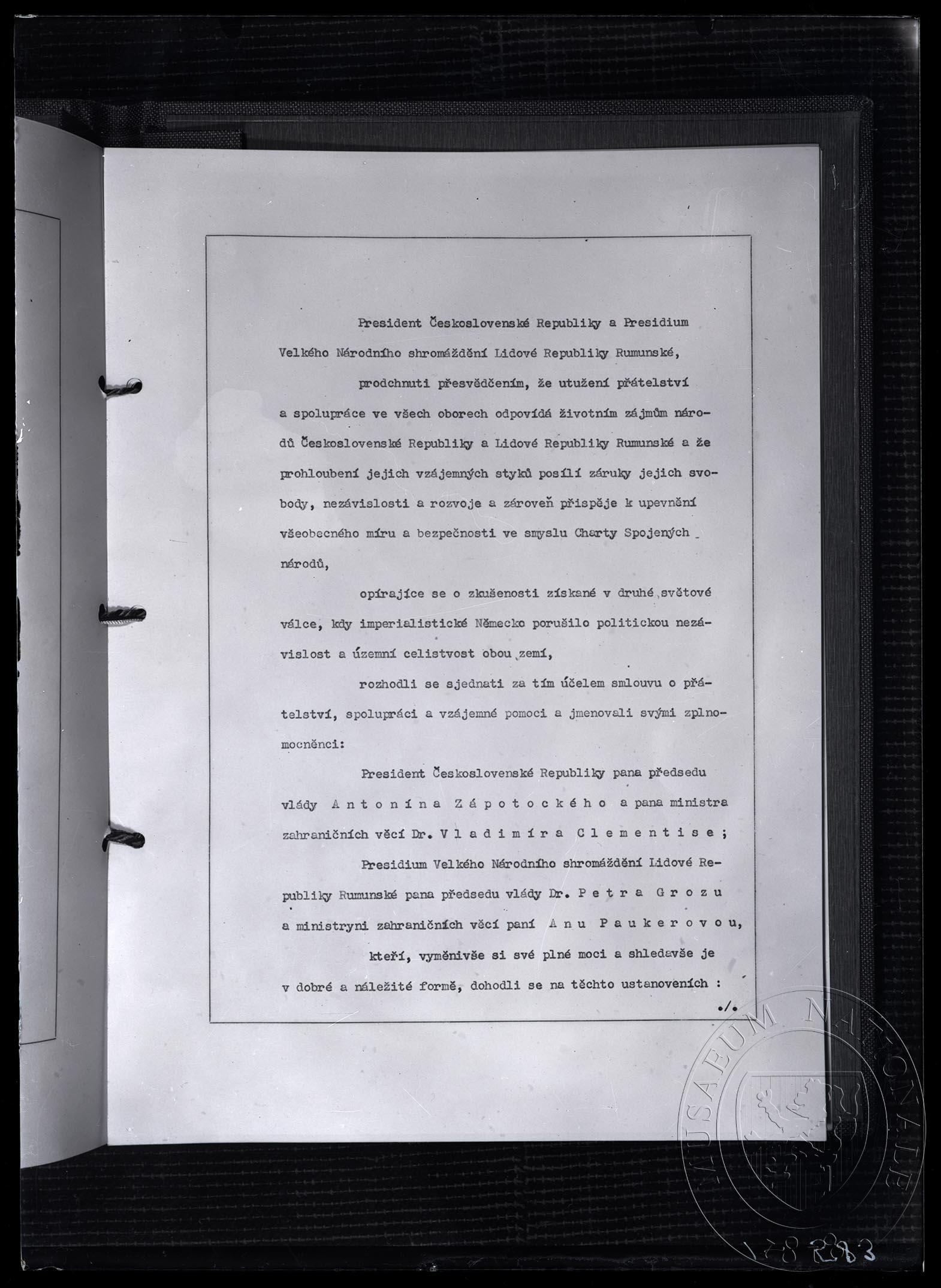 Náhledový obrázek Smlouva o přátelství, spolupráci a vzájemné pomoci mezi Československou Republikou a Lidovou Republikou rumunskou, 21. 7. 1948. - 1