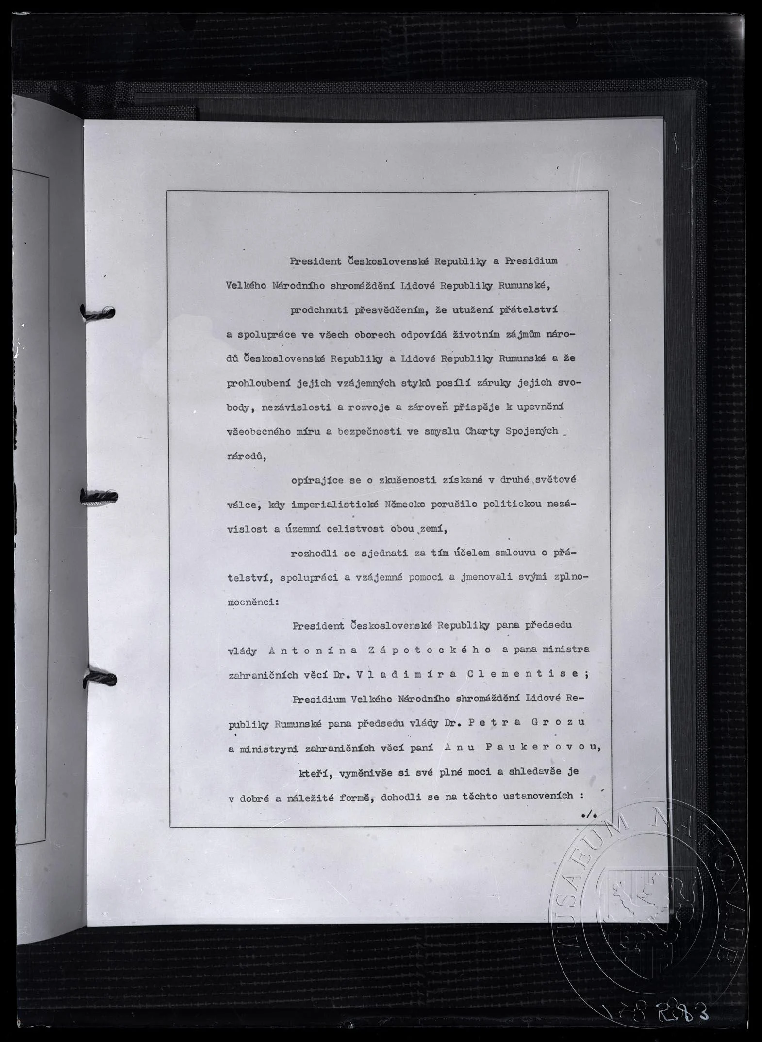 Obrázek Smlouva o přátelství, spolupráci a vzájemné pomoci mezi Československou Republikou a Lidovou Republikou rumunskou, 21. 7. 1948.