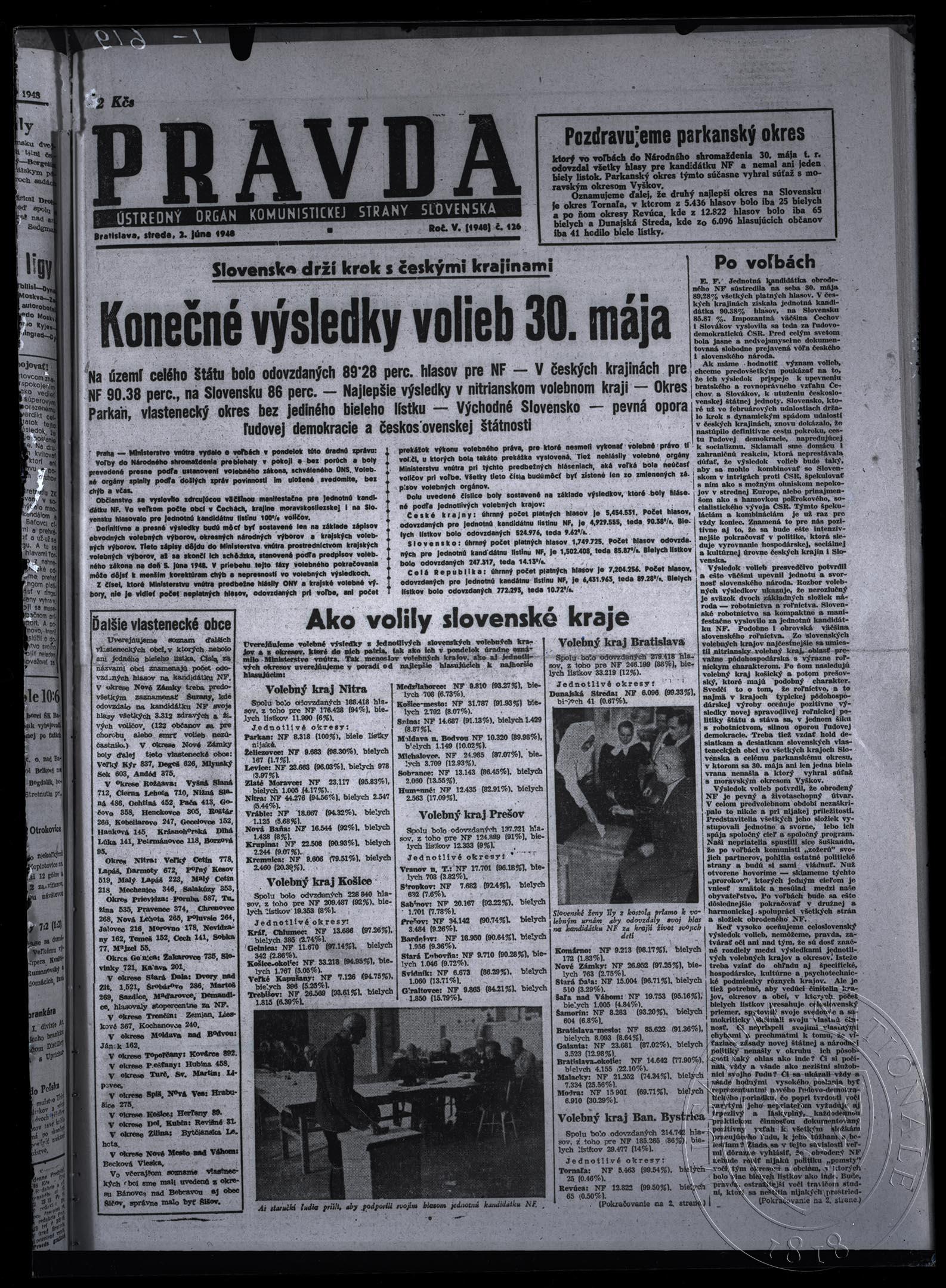 Náhledový obrázek Článek Konečné výsledky volieb 30. mája, periodikum Pravda, roč. V, čís. 126, 2. 6. 1948, titulní strana. - 1