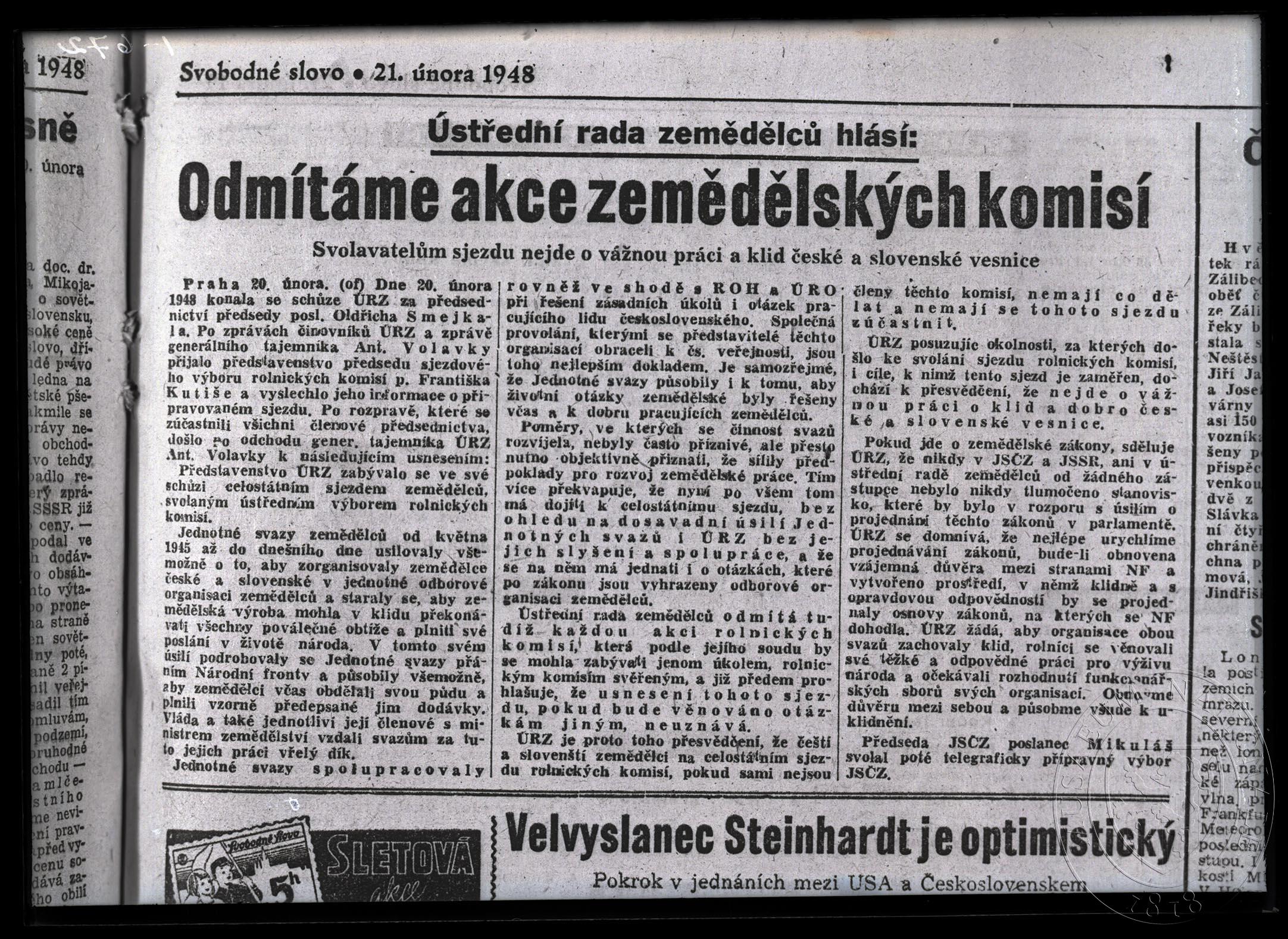 Náhledový obrázek Článek Odmítáme akce zemědělských komisí, periodikum Svobodné slovo, 21. 2. 1948, titulní strana. - 1