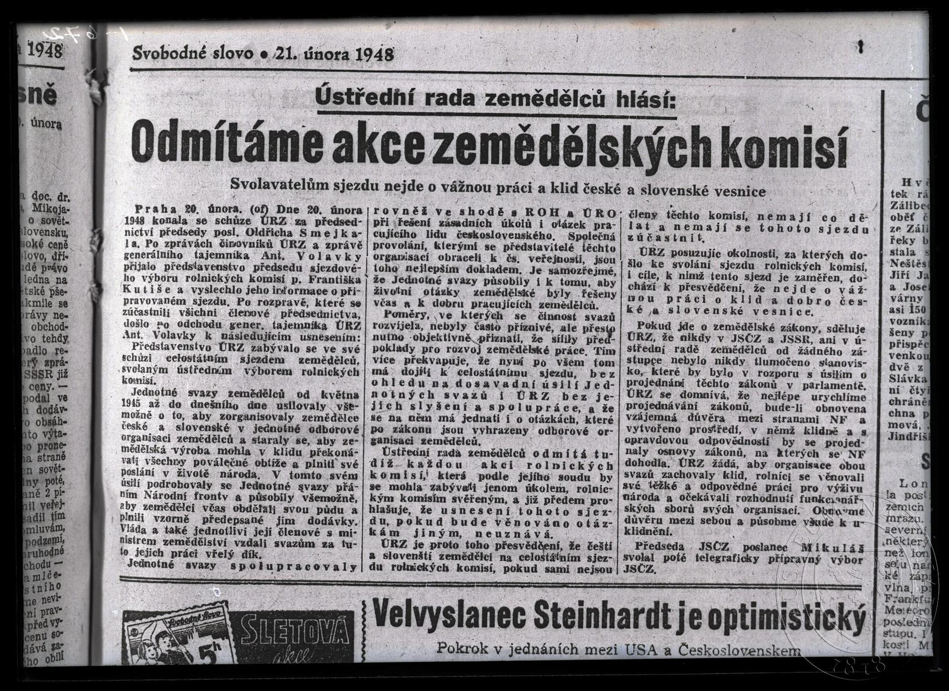 Obrázek Článek Odmítáme akce zemědělských komisí, periodikum Svobodné slovo, 21. 2. 1948, titulní strana.