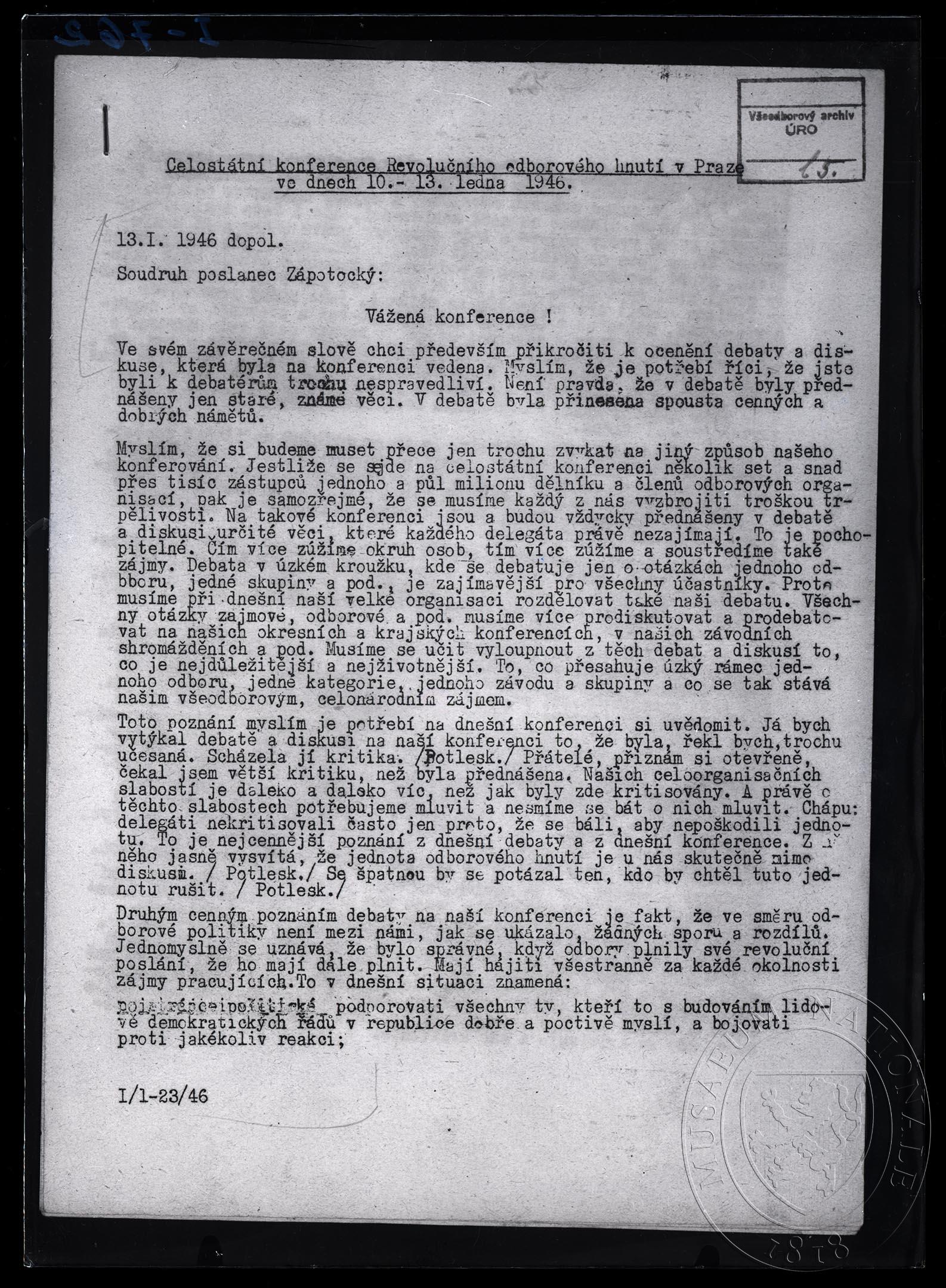 Obrázek Protokol celostátní odborové konference 13. 1. 1946 – Projev s. A. Zápotockého