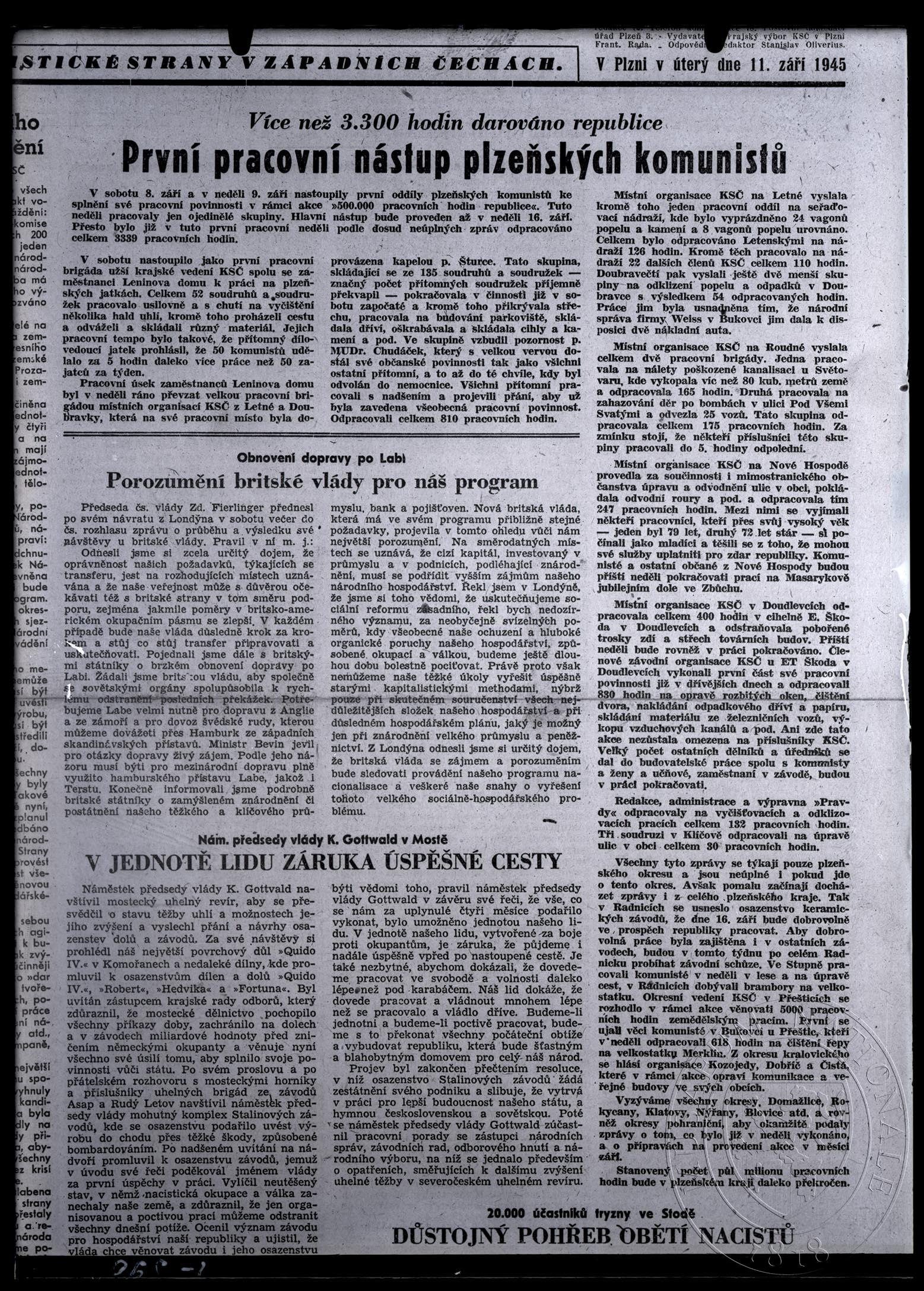 Náhledový obrázek Článek První pracovní nástup plzeňských komunistů, Pravda, 11. 9. 1945, titulní strana. - 1