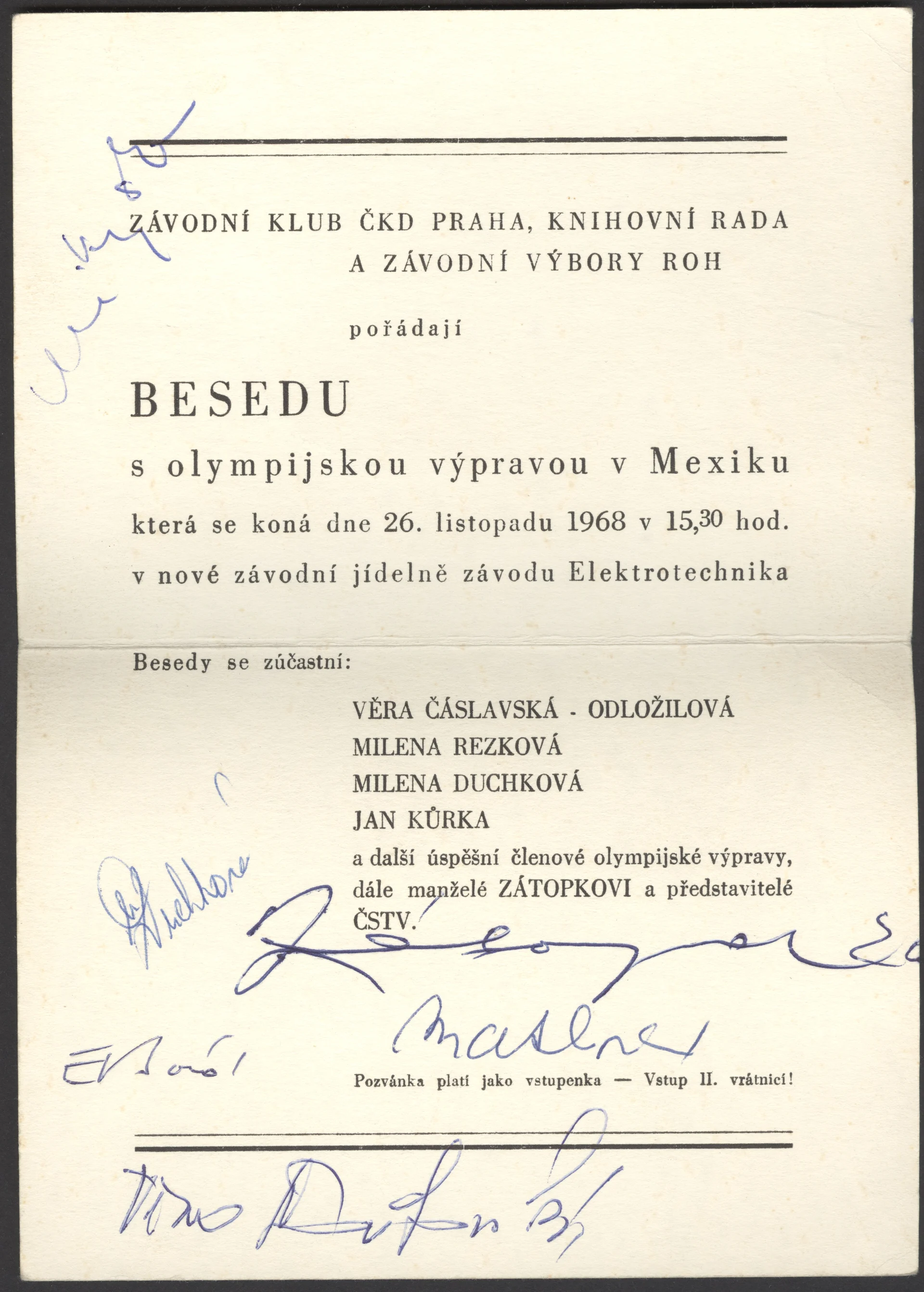 Náhledový obrázek předmětu Beseda s olympijskou výpravou v Mexiku