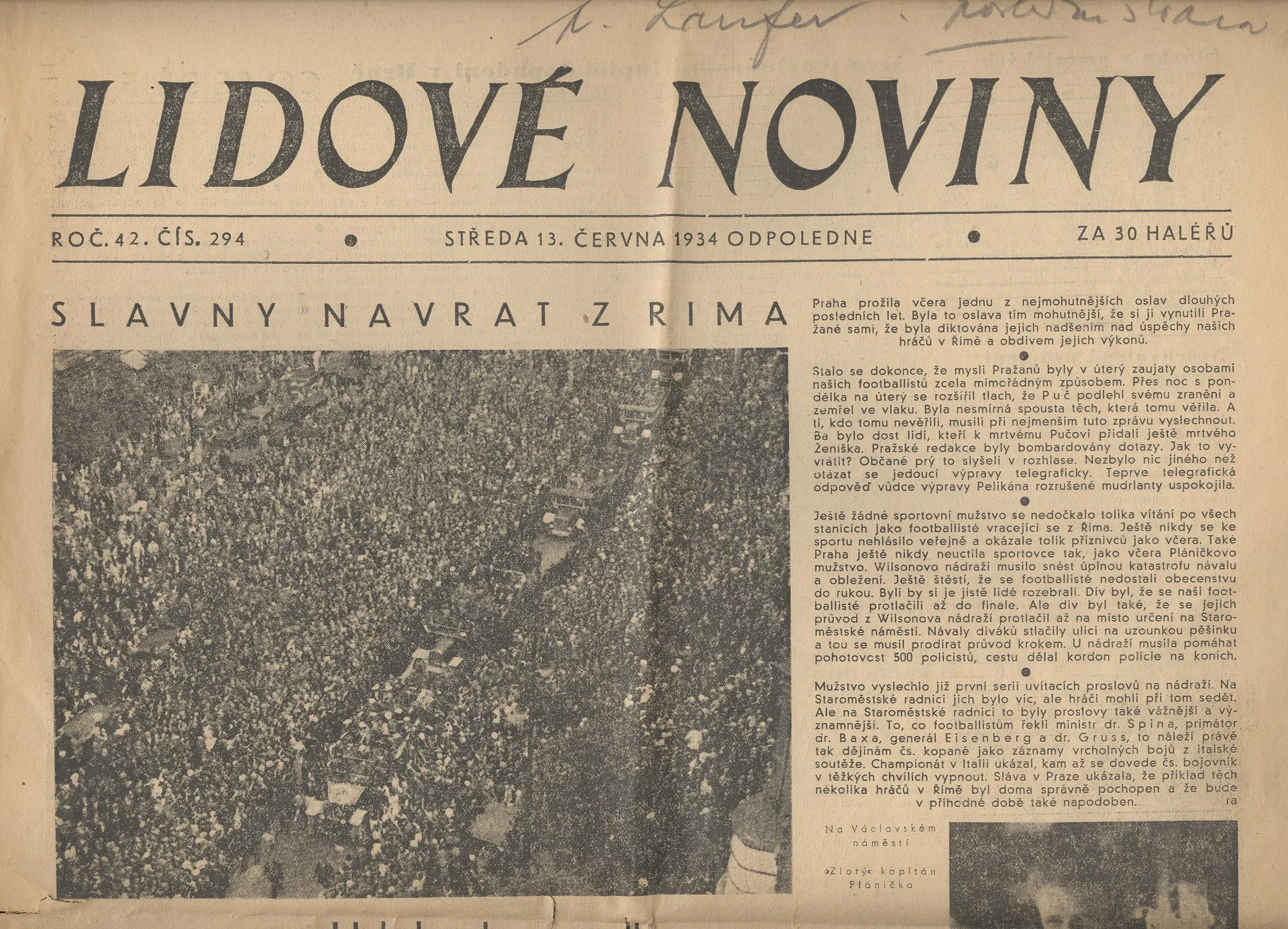 Náhledový obrázek předmětu Slavný návrat z Říma. Novinový článek