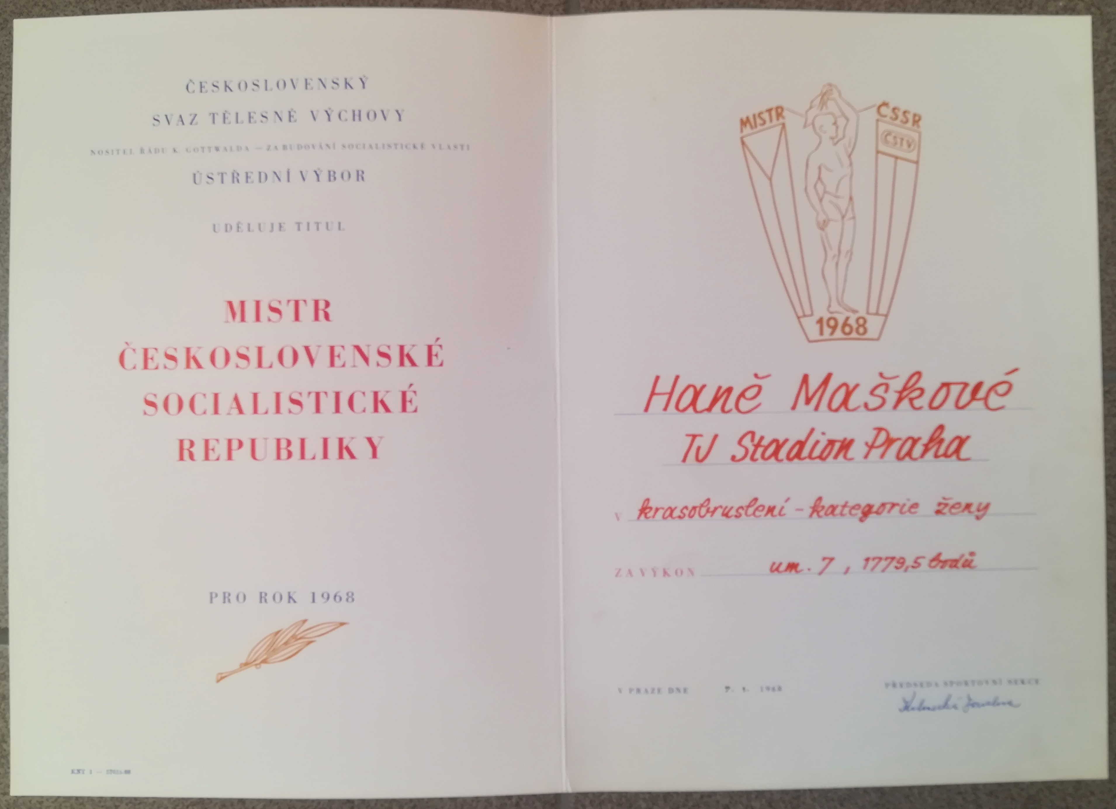 Náhledový obrázek Diplom mistryně ČSSR v krasobruslení Hany Maškové - 3