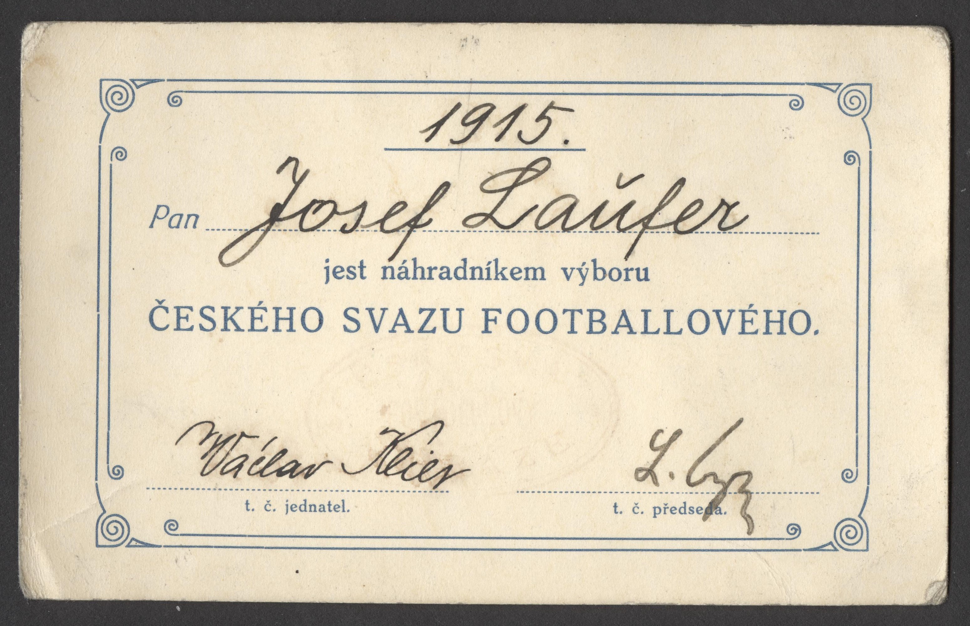 Náhledový obrázek Český svaz footballový. Průkaz náhradníka výboru - 1