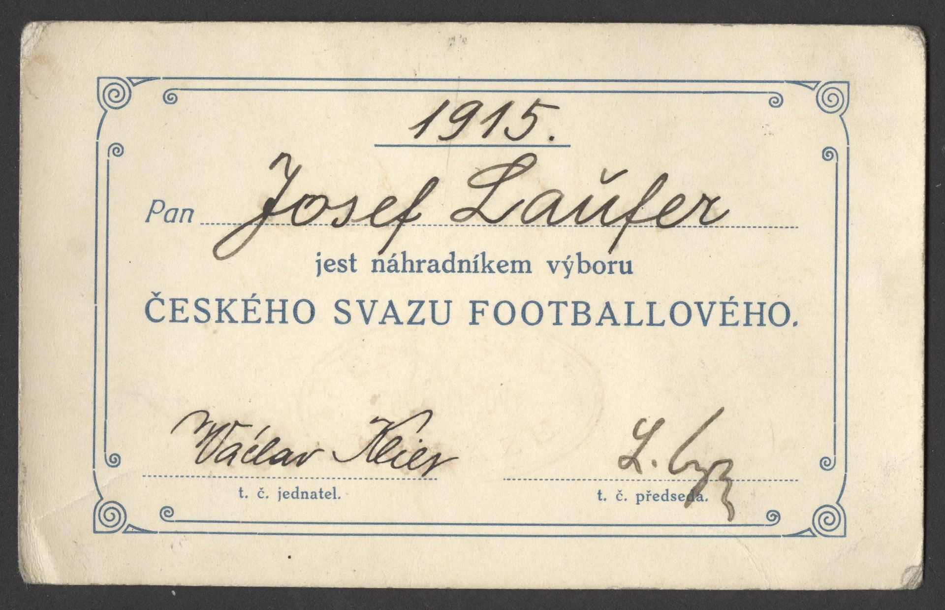 Náhledový obrázek předmětu Český svaz footballový. Průkaz náhradníka výboru